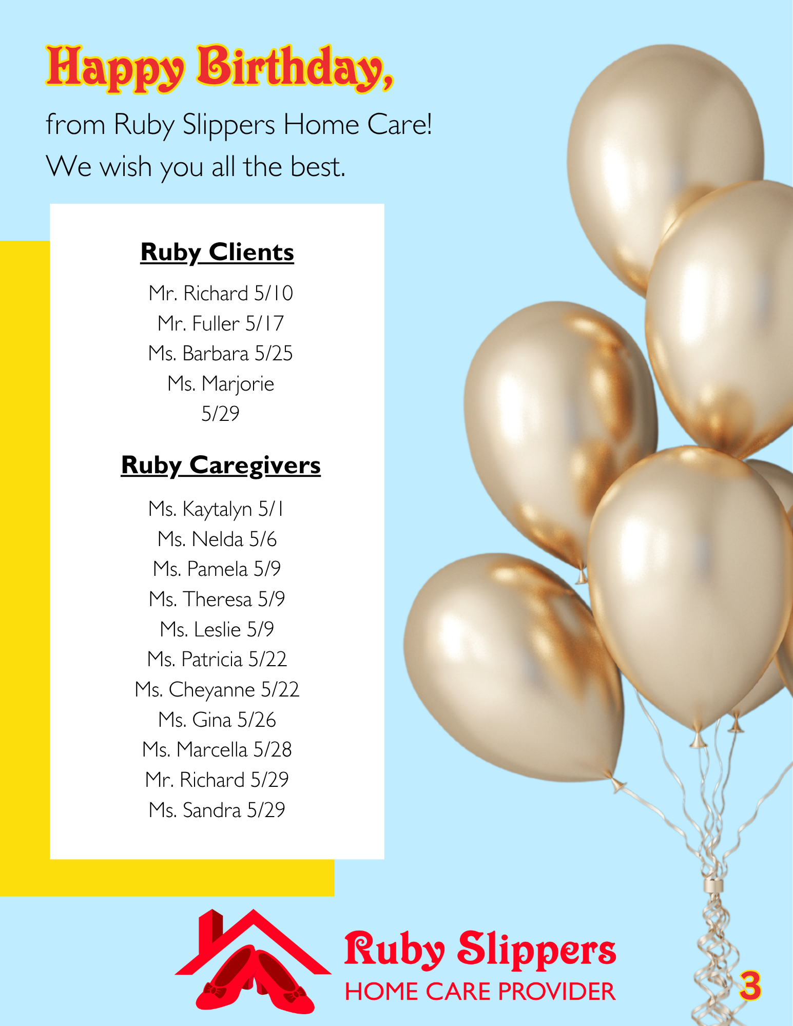 Birthday card for Ruby Slippers Home Care with birthday wishes, lists of clients and caregivers, and gold balloons on a blue background.