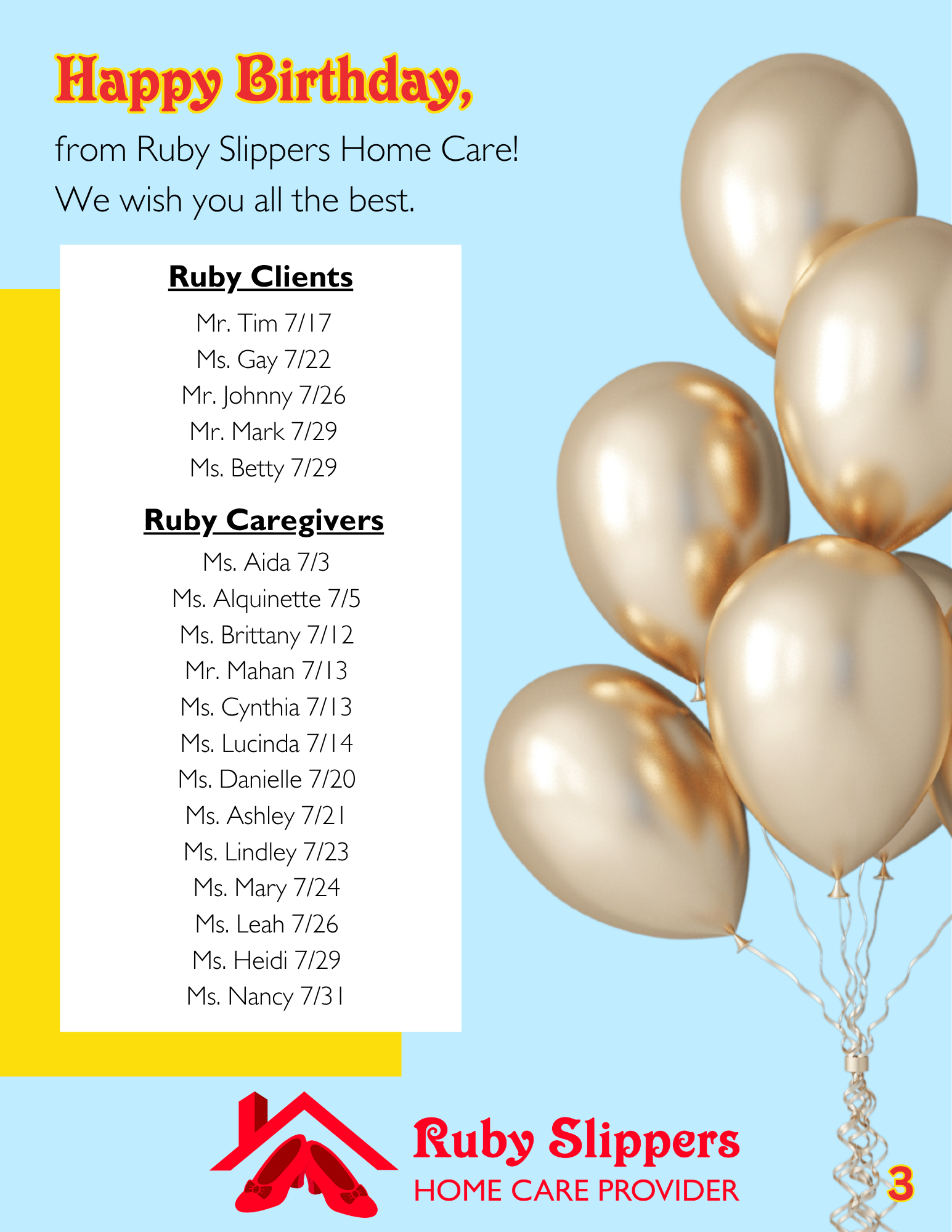 Birthday card with gold balloons, colorful text, and a list of clients and caregivers from Ruby Slippers Home Care.