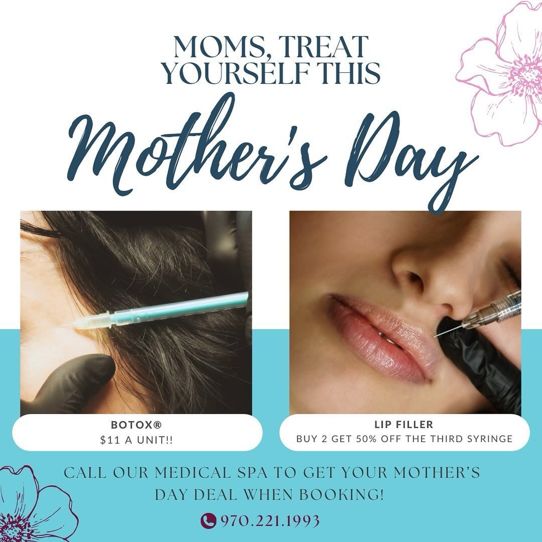 Calling all moms!! Treat yourself this Mother&rsquo;s Day with our med spa specials!! Get Botox for $11 a unit 💉💉or buy 2 and get 50% OFF the third syringe for lip filler 💋💋

Call our med spa today to get your Mother&rsquo;s Day deal! 💋

#mother