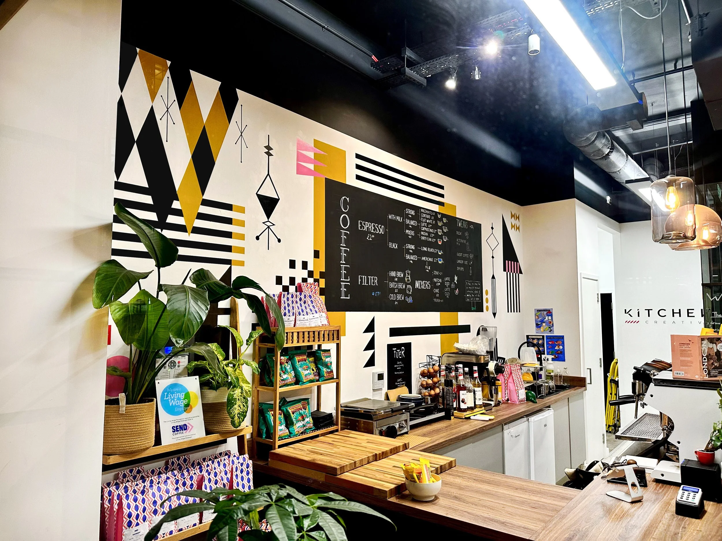 Midcentury inspired mural in a coffee shop in London, UK