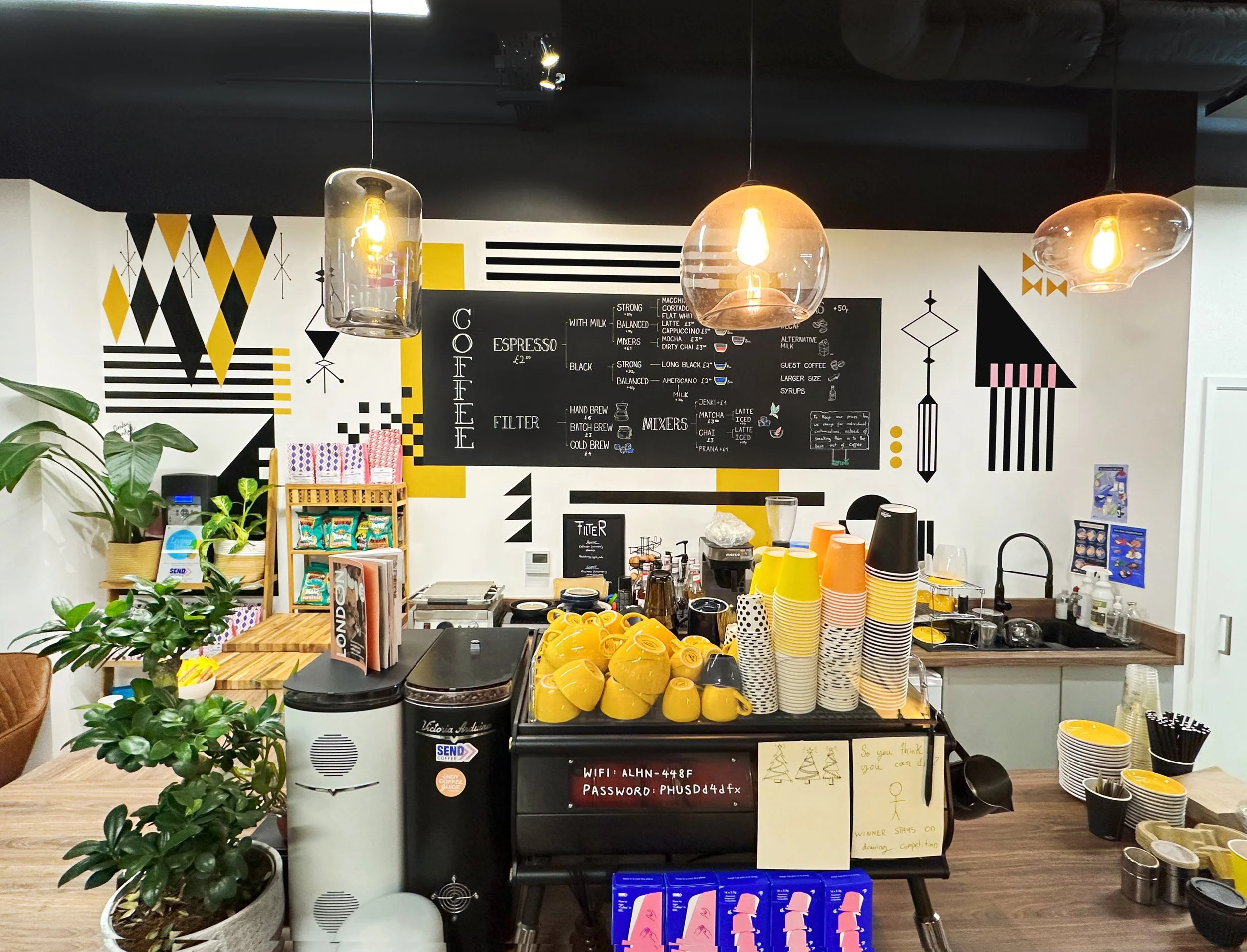 Midcentury inspired mural in a coffee shop in London, UK
