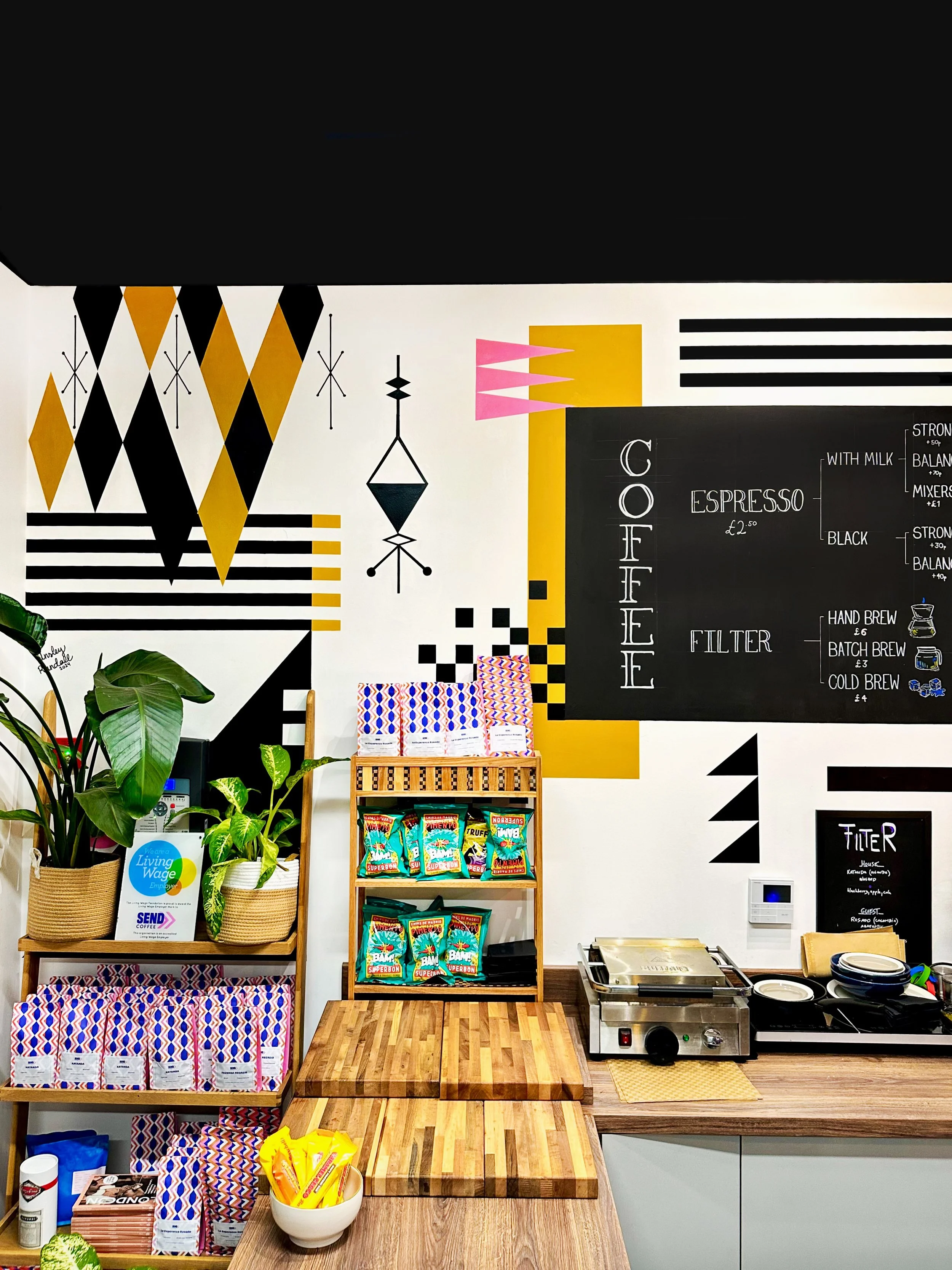 Midcentury inspired mural in a coffee shop in London, UK