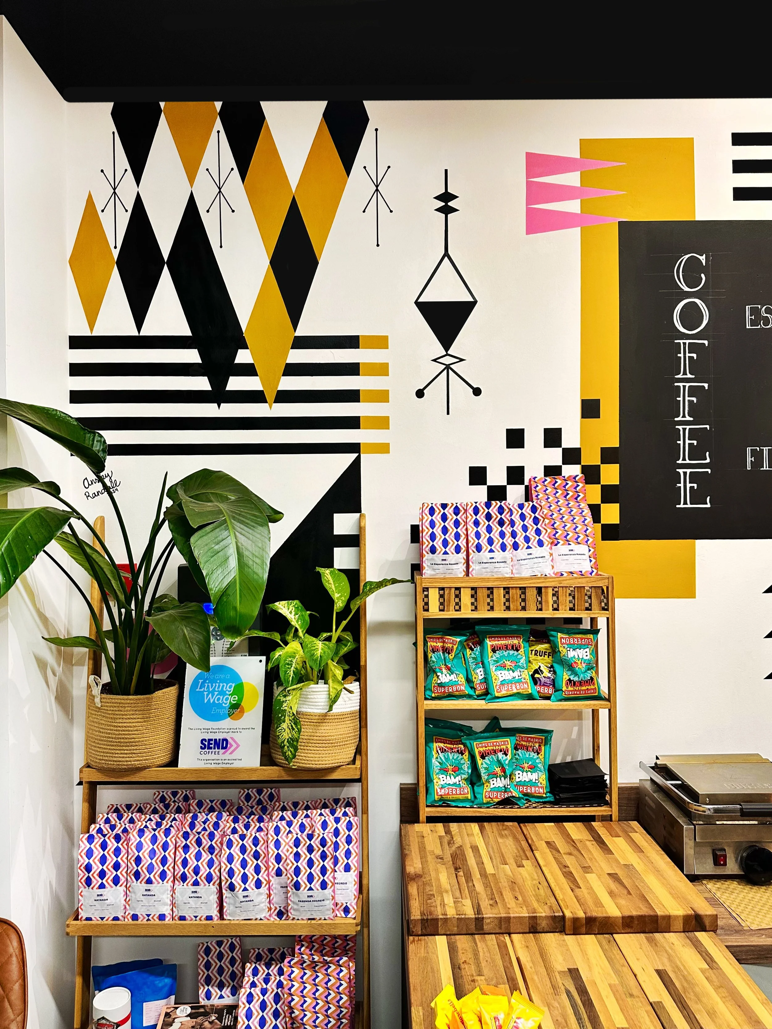 Midcentury inspired mural in a coffee shop in London, UK