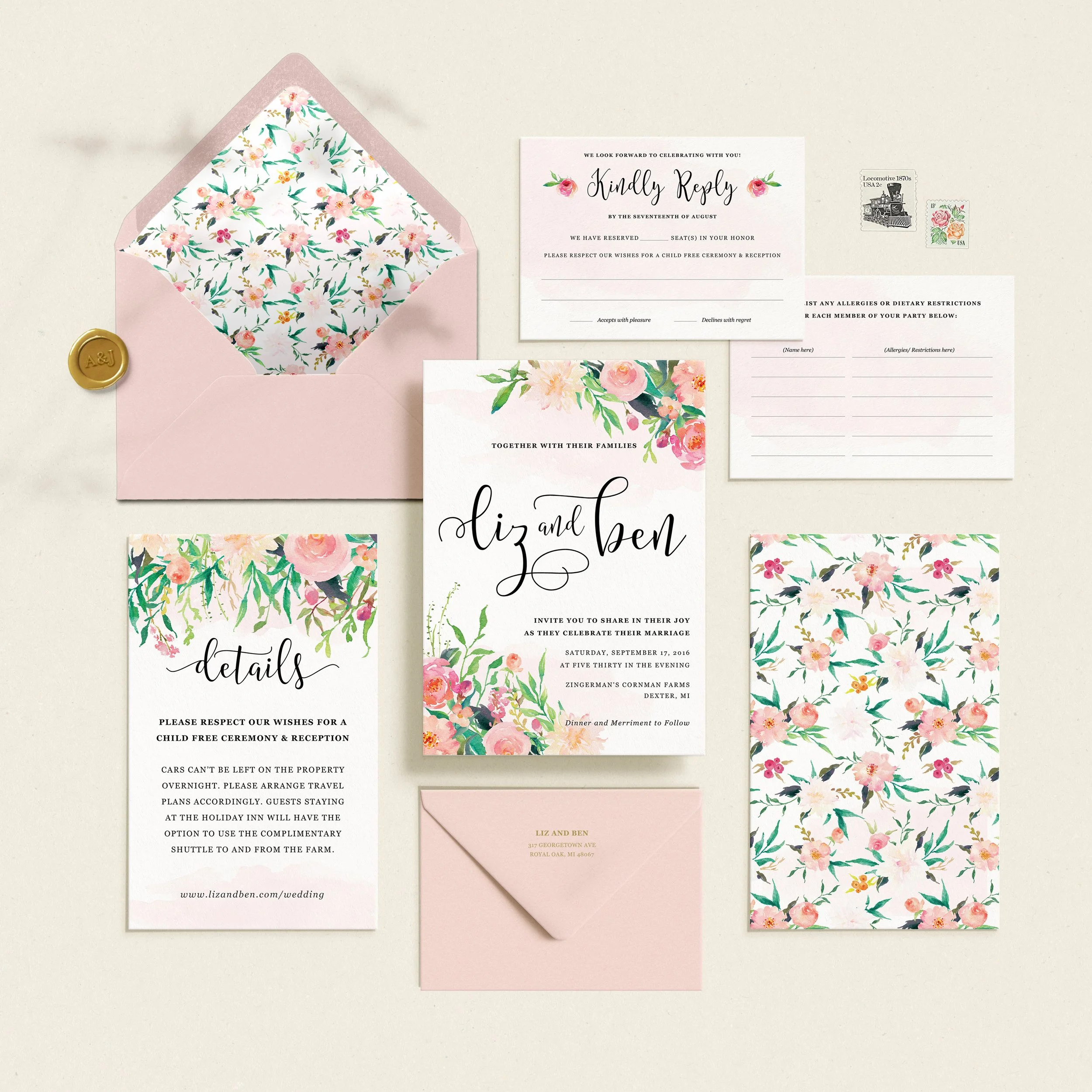 Water Color Floral Wedding Invitation Suite