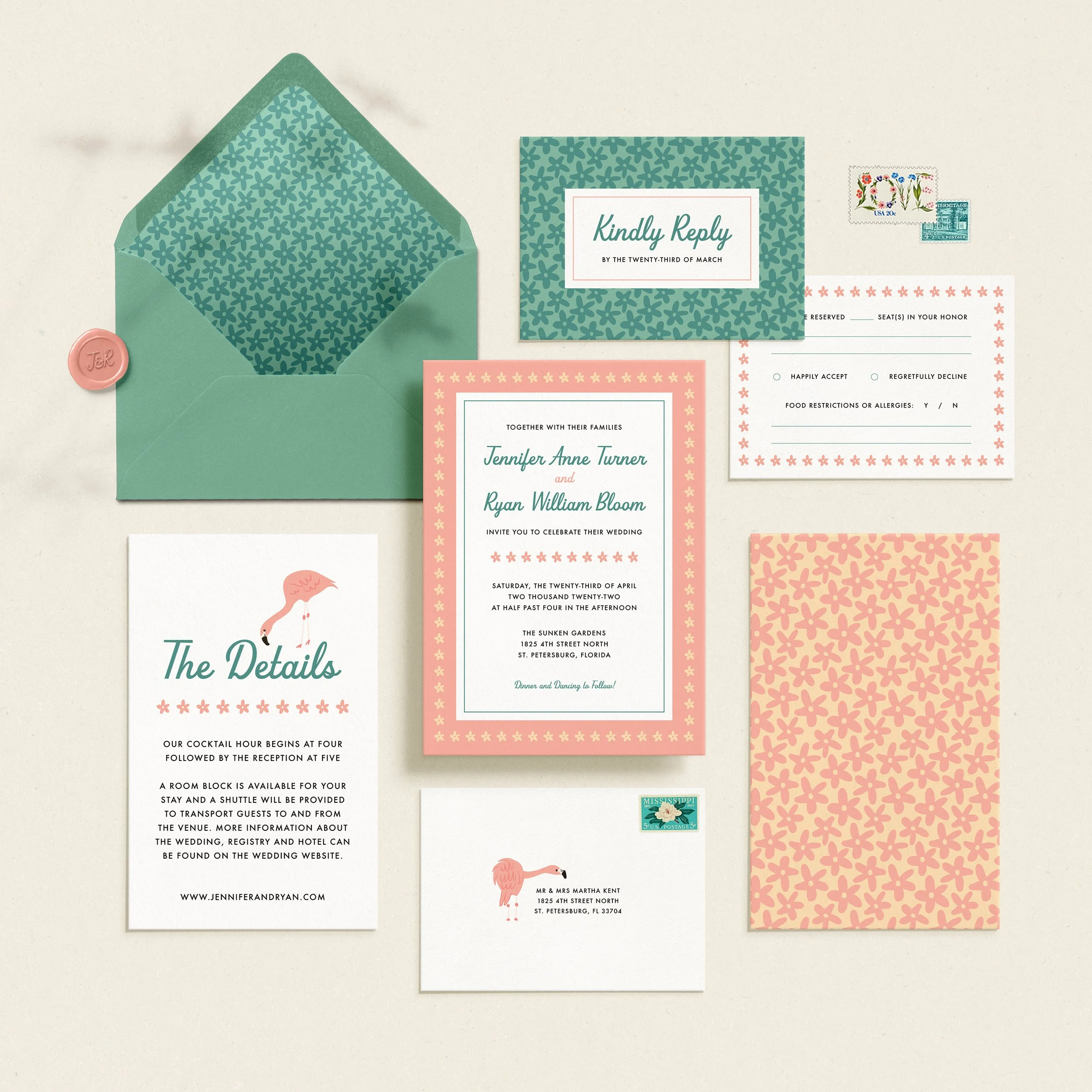 Floral and Flamingo Wedding Invitation Suite