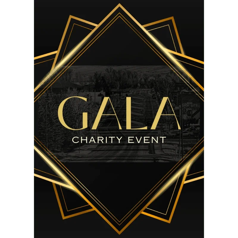 Black and gold poster for a charity gala event with art deco style geometric designs and the words 'GALA CHARITY EVENT' in elegant font.