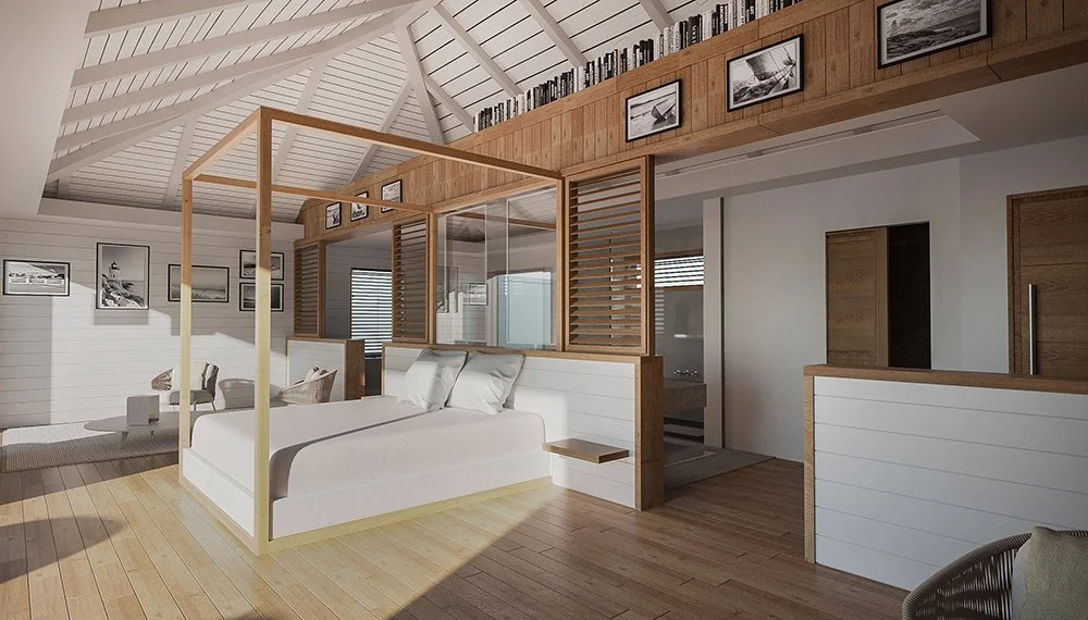 chambre avec lit blanc, panneaux en bois, murs en blanc, sol en bois et photos encadrées sur un mur