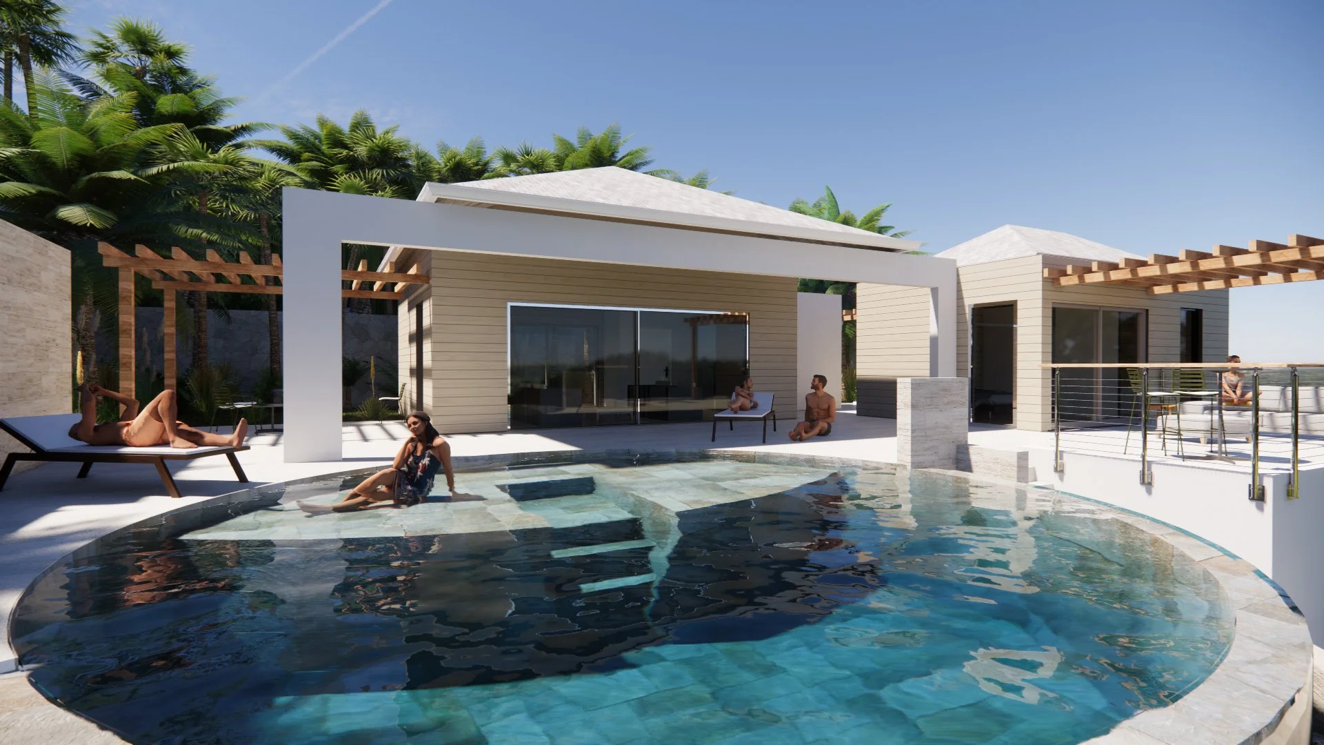 vue de la piscine à l'intérieur d'une villa Pearl Houses - en bordure de la plage de la Perle