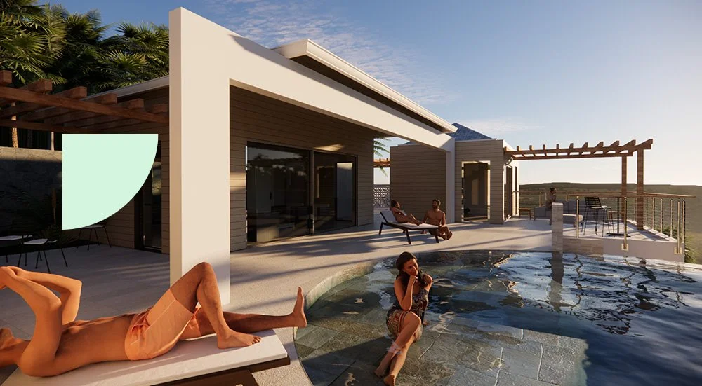 piscine d'une village - Des personnes au bord d'une très belle piscine en Guadeloupe