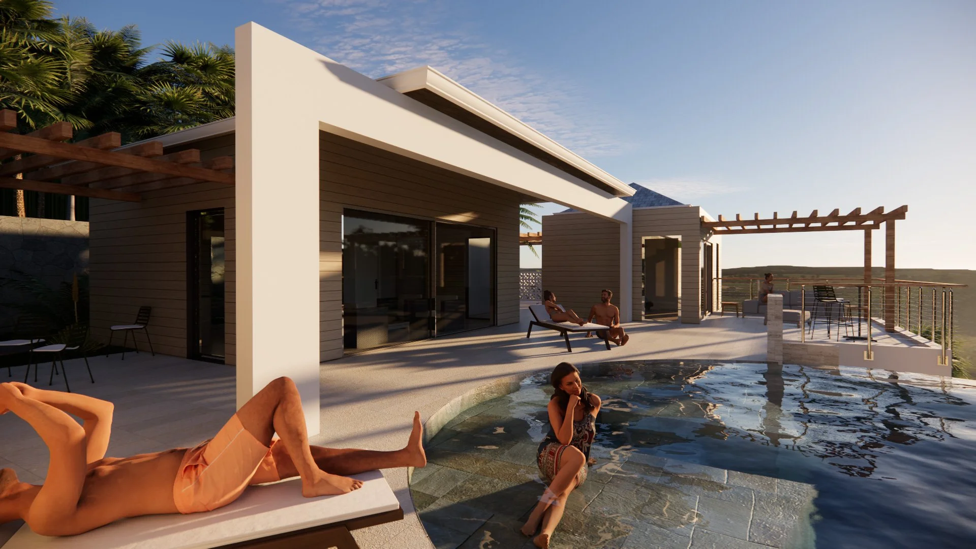 vue d'une piscine avec terrasse dégagée - Pearl Houses - Lotissement - moma architecture