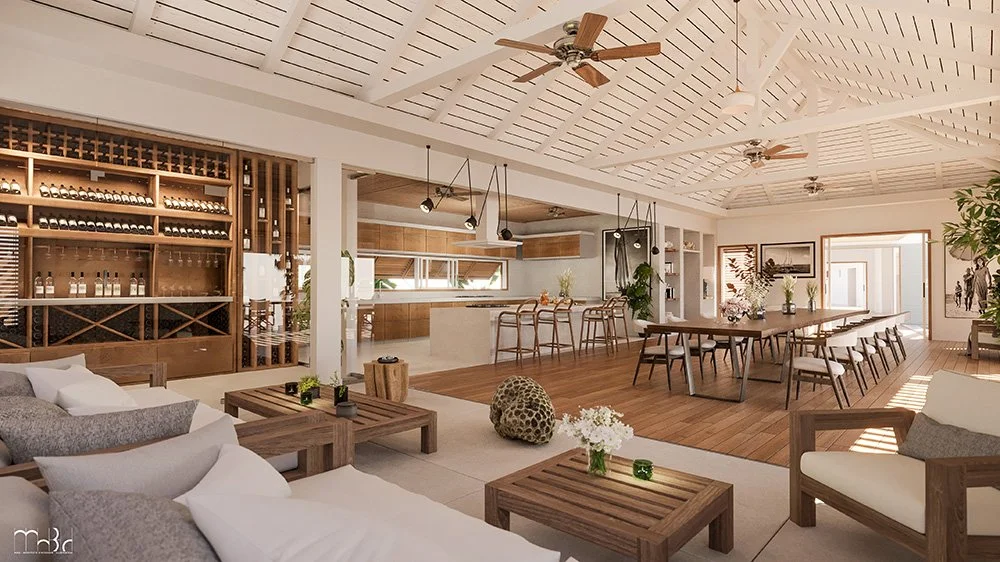 Intérieur d'une maison moderne avec salon spacieux, cuisine ouverte, grande table à manger, décor naturel et plantes.