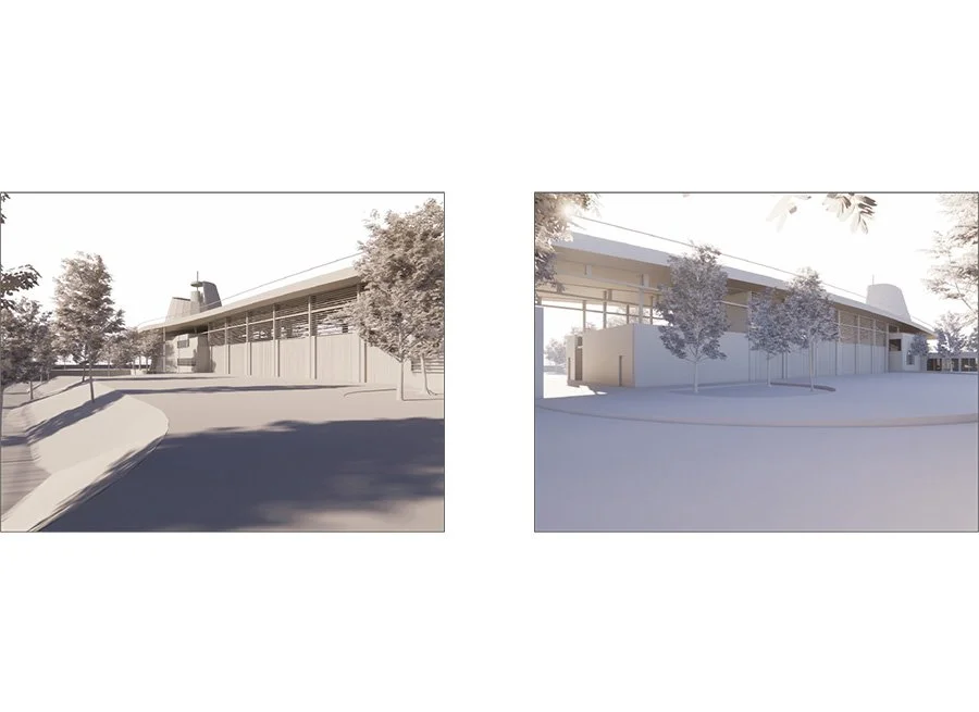 Deux images d'une conception architecturale d'un bâtiment moderne, avec des arbres environnants et un espace ouvert autour, vue d'angle.