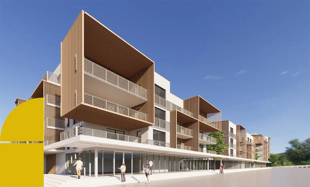 Une grande résidence d'appartements privées - Des personnes déambulent sur le parvis - Agence d'architecture MoMa en Guadeloupe