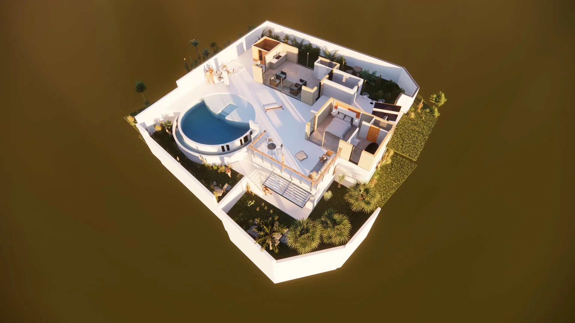 Un plan aérien, une modélisation 3D d'une villa dans le lotissement "Pearl Houses" près de la plage de la Perle - Guadeloupe