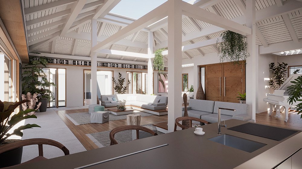 Intérieur spacieux et lumineux d'une maison avec mobilier moderne, canapés, plantes vertes, grande cheminée blanche et piano blanc, avec plafond en poutres blanches et mur en verre laissant entrer la lumière naturelle.