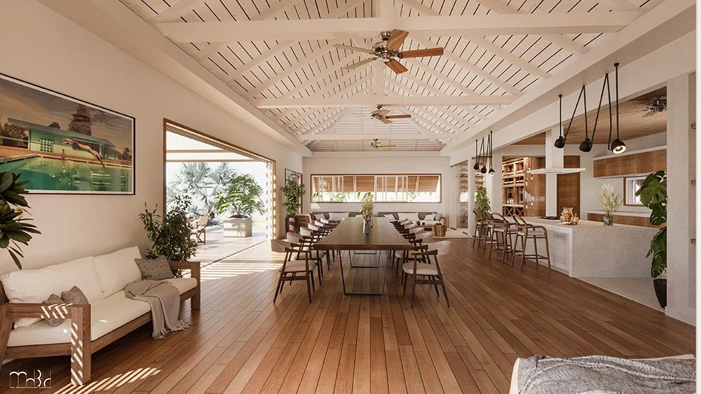 Intérieur spacieux et lumineux d'une maison avec plafond en bois, mobilier moderne, grand tableau, et vue sur un patio avec des plantes.