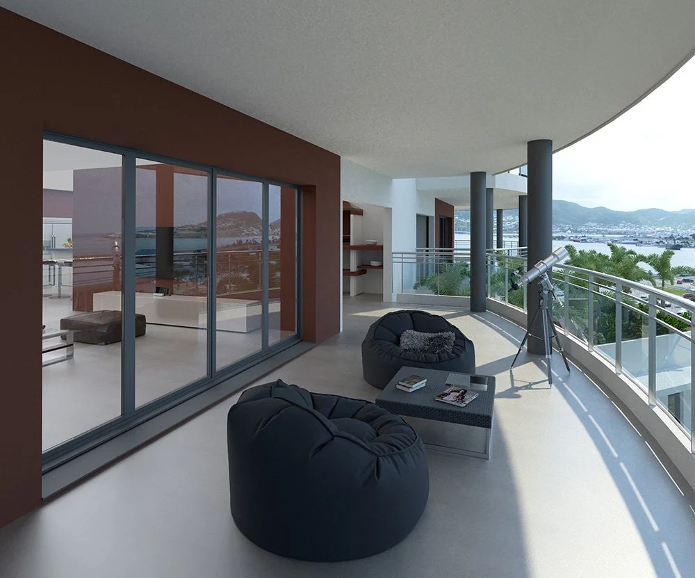 vue d'une terrasse - mer et palmiers - immeuble Kuta - moma architecture - guadeloupe