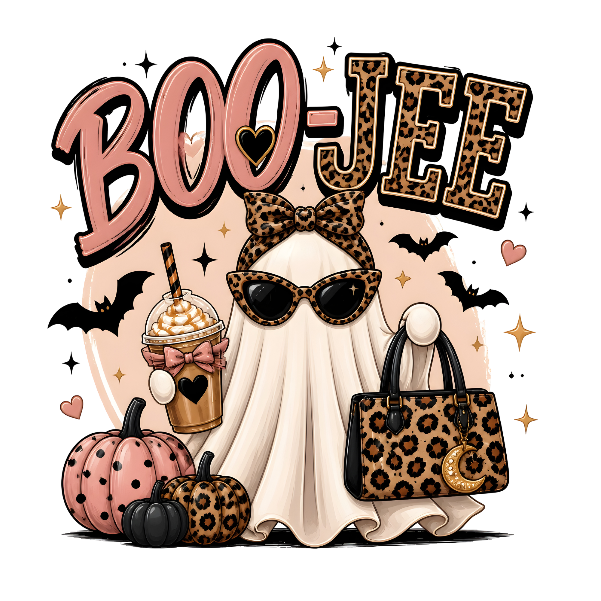 Boojee Halloween Ghost with Leopard Bag  Direct to Film Print For T-Shirts