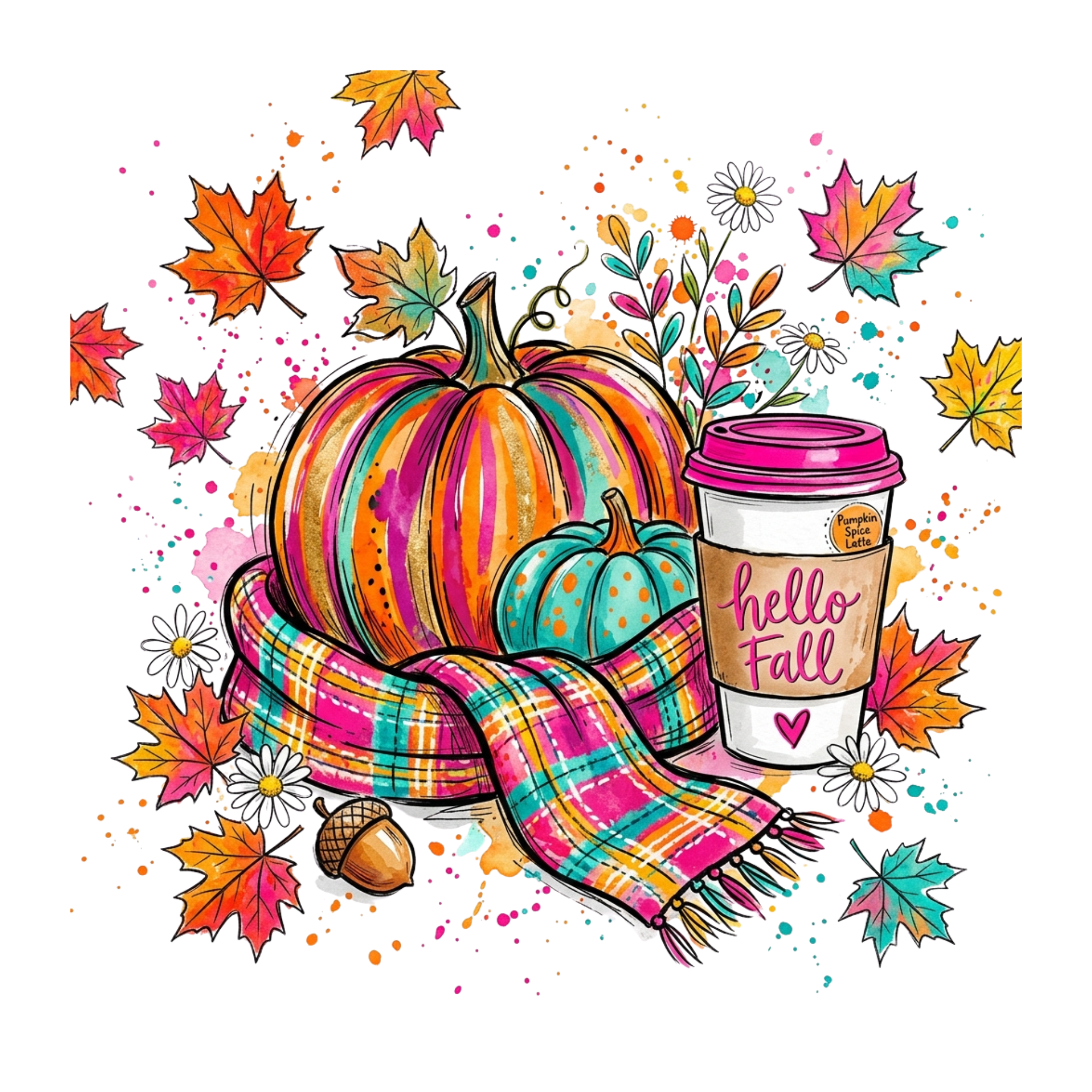 Fall Colorful Pumpkin Scarf and Drink  Direct to Film Print For T-Shirts