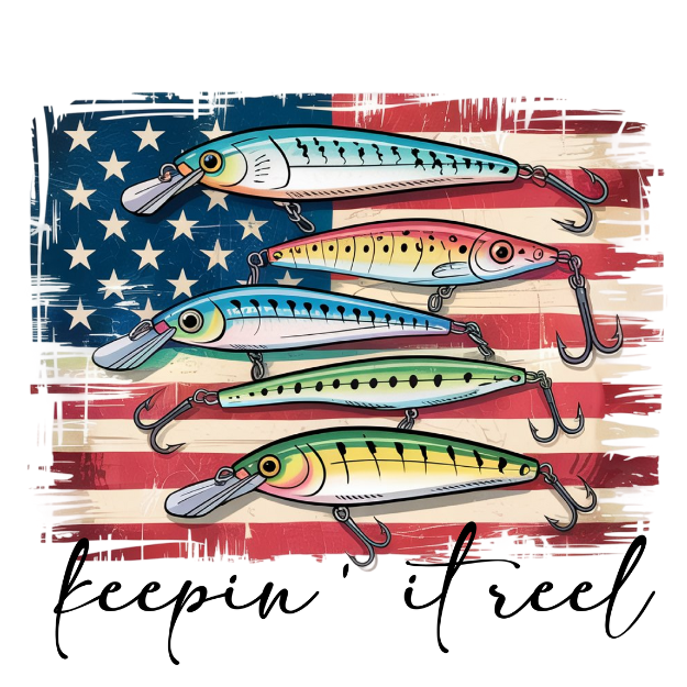 Keepin it Reel Flag and Lures Direct To Film Print, DTF Print, Ready To Press Print For T-Shirts