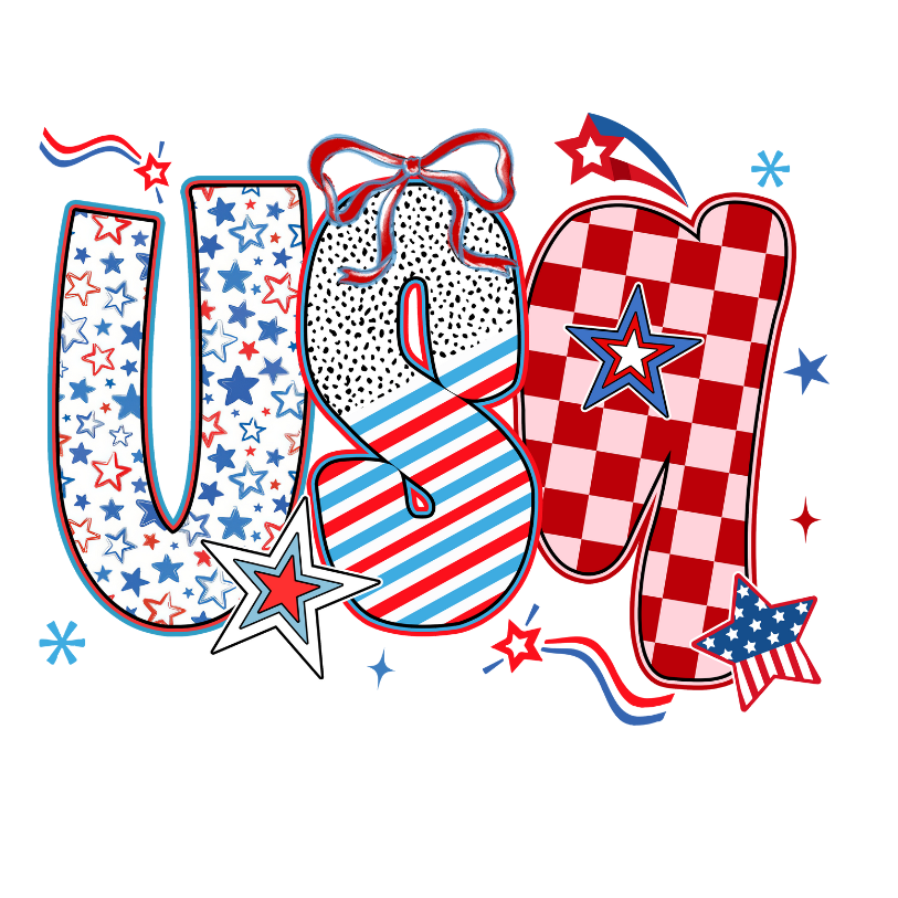 USA Decorated Letters Direct To Film Print, DTF Print, Ready To Press Print For T-Shirts