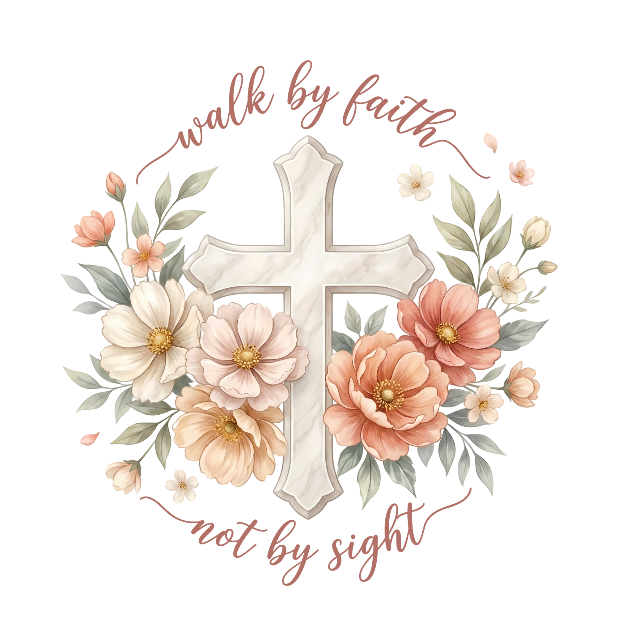 Walk By Faith Not By Sight Cream Cross and Peach Flowers DTF Print