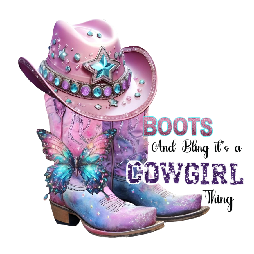 Boots and Bling Its A Cowgirl Thing Pink and Purple Boots and Hat Direct To Film Print, DTF Print, Ready To Press Print For T-Shirts