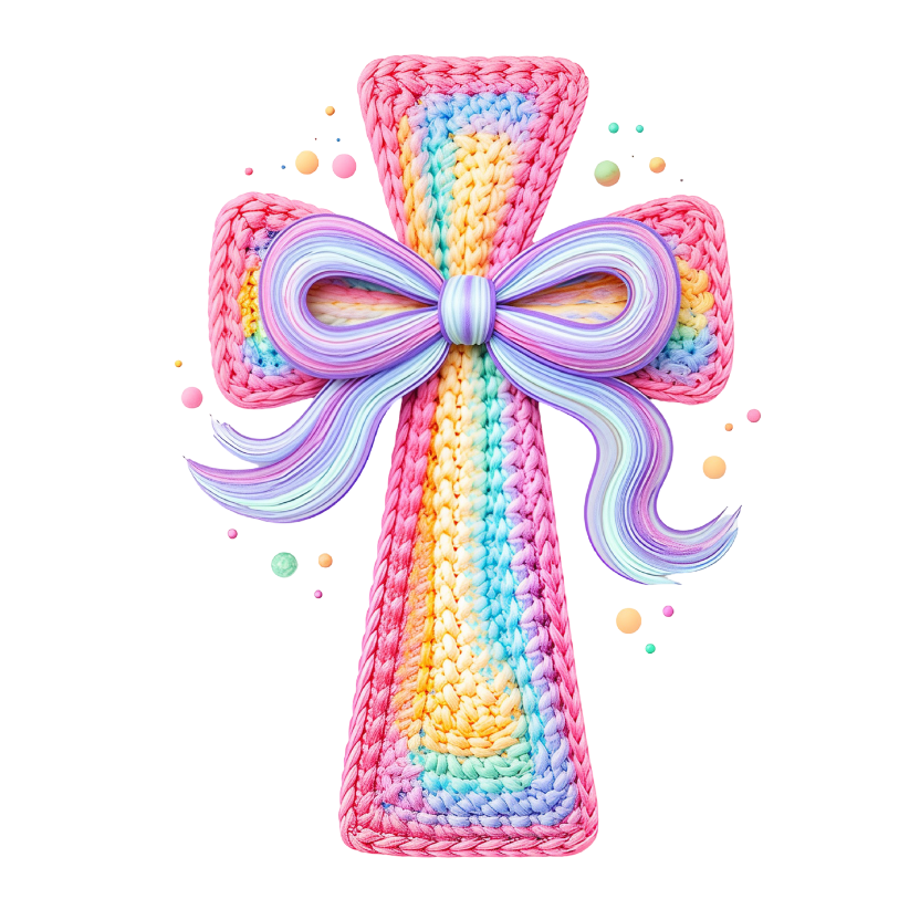 Cross Pastel Yarn With Bow Direct To Film Print, DTF Print, Ready To Press Print For T-Shirts