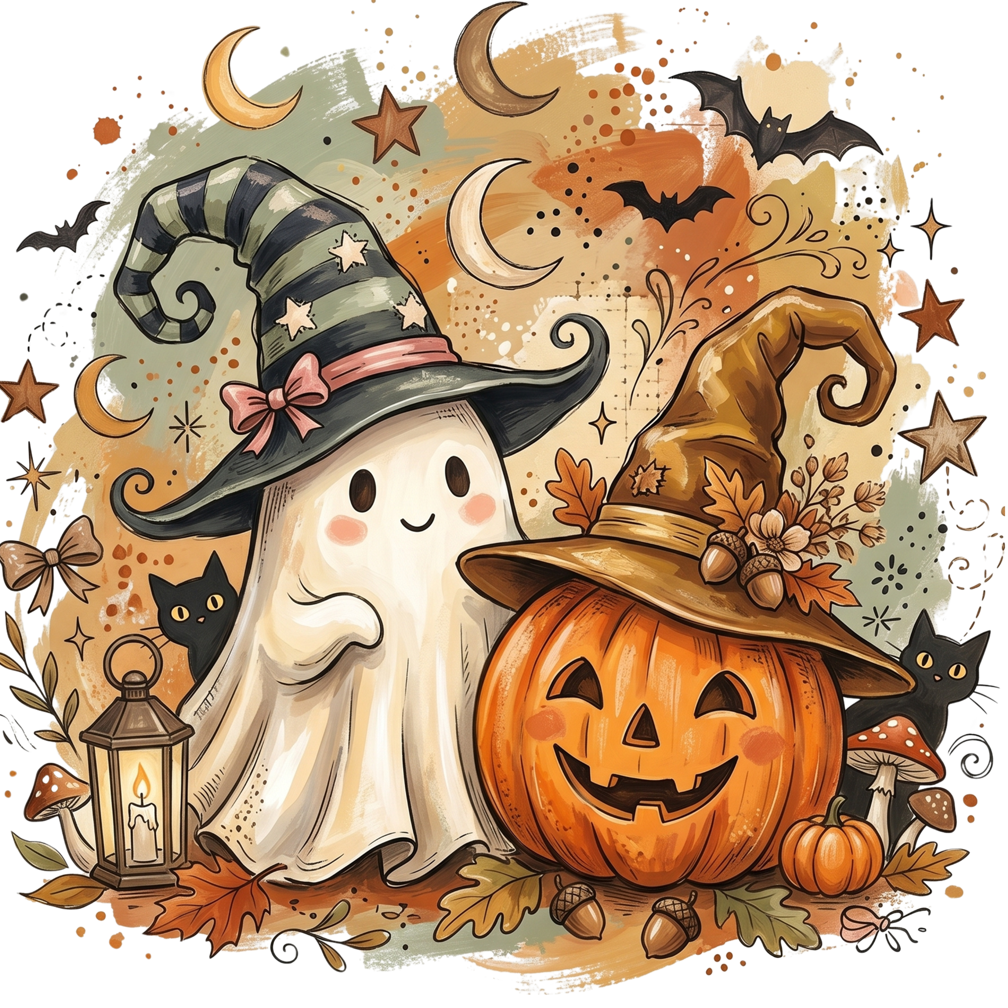 Cute Fall Halloween Ghost And Pumpkin In Hats  Direct To Film Print, DTF Print, Ready To Press Print For T-Shirts