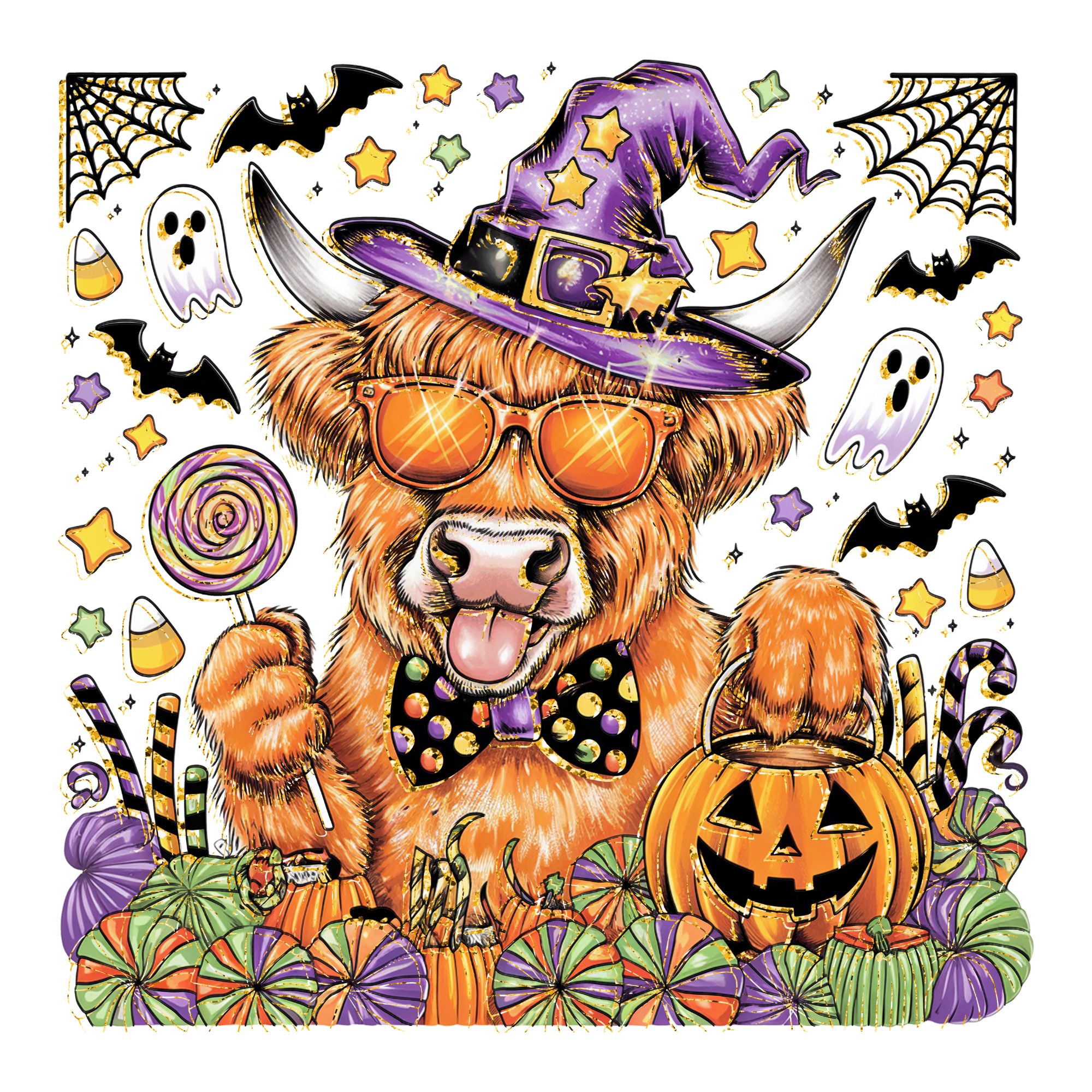 Highland Halloween Cow with Candy  Direct To Film Print, DTF Print, Ready To Press Print For T-Shirts