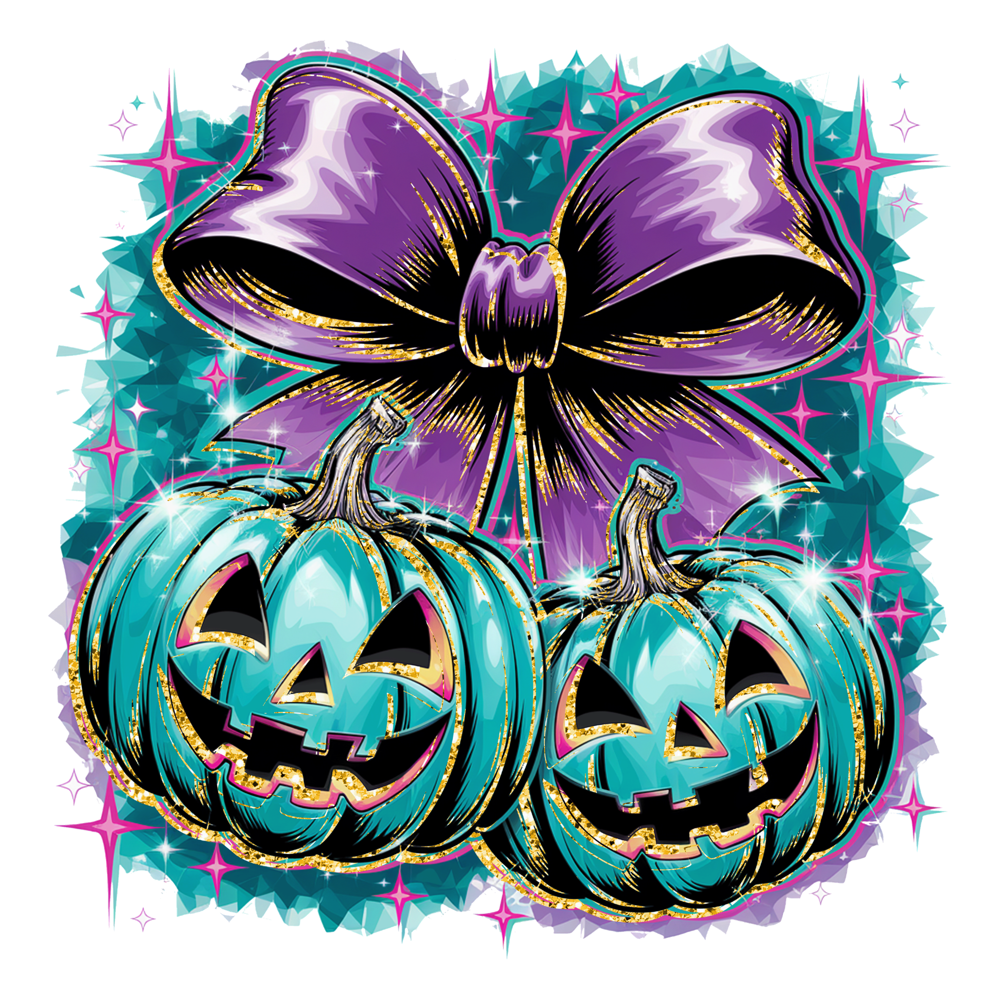 Teal Halloween Pumpkins with Purple Bow  Direct To Film Print, DTF Print, Ready To Press Print For T-Shirts