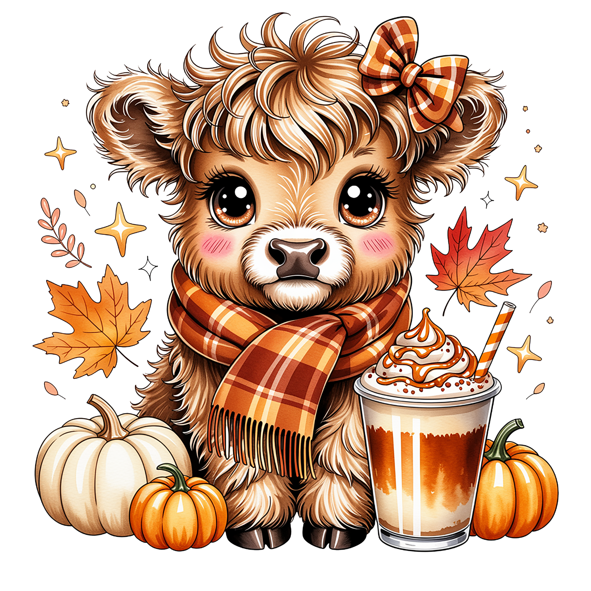 Fall Baby Highland Cow with Drink  Direct to Film Print For T-Shirts