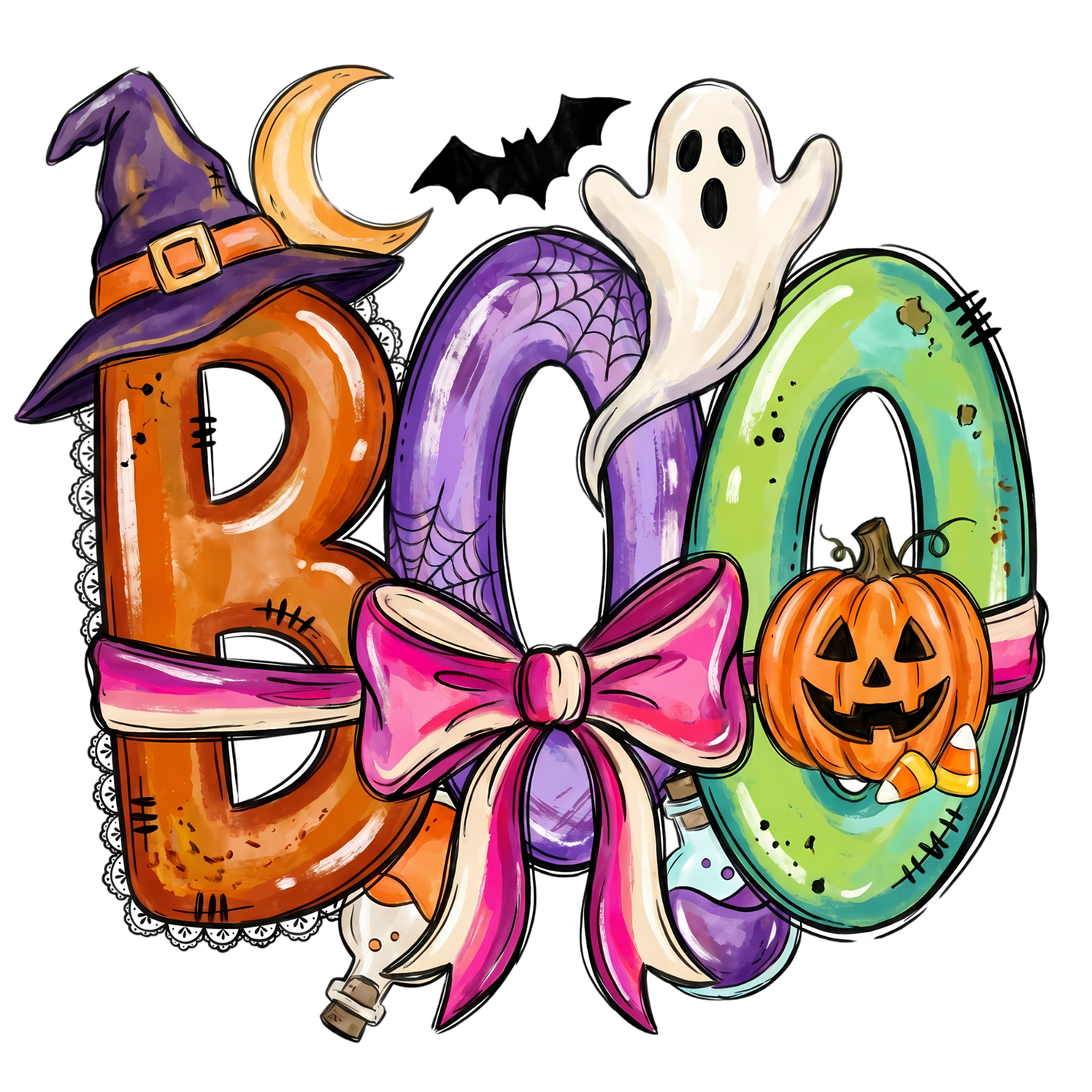 Halloween BOO With Pink Bow  Direct To Film Print, DTF Print, Ready To Press Print For T-Shirts