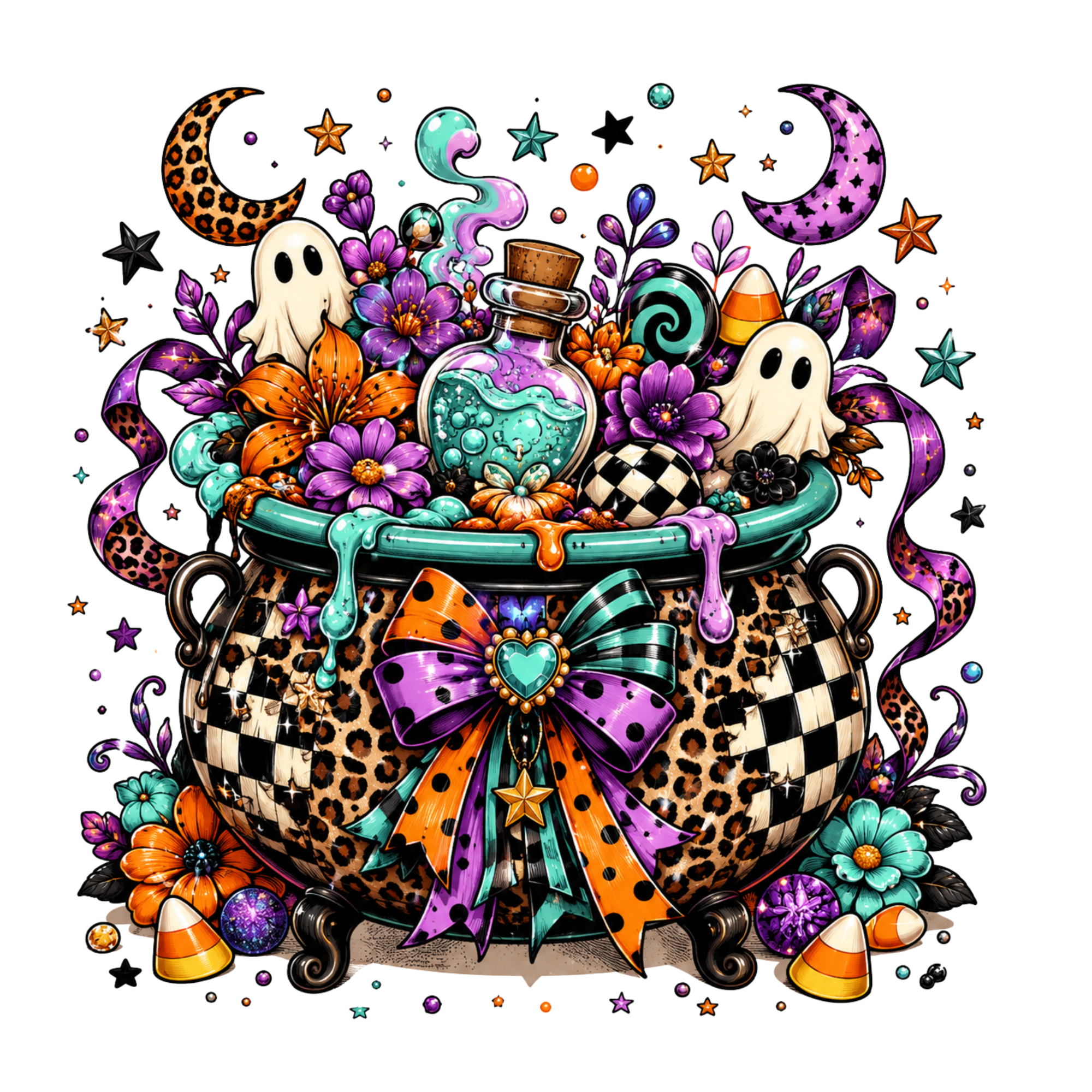 Halloween Cauldron Black and White Check with Halloween designs   Direct to Film Print For T-Shirts