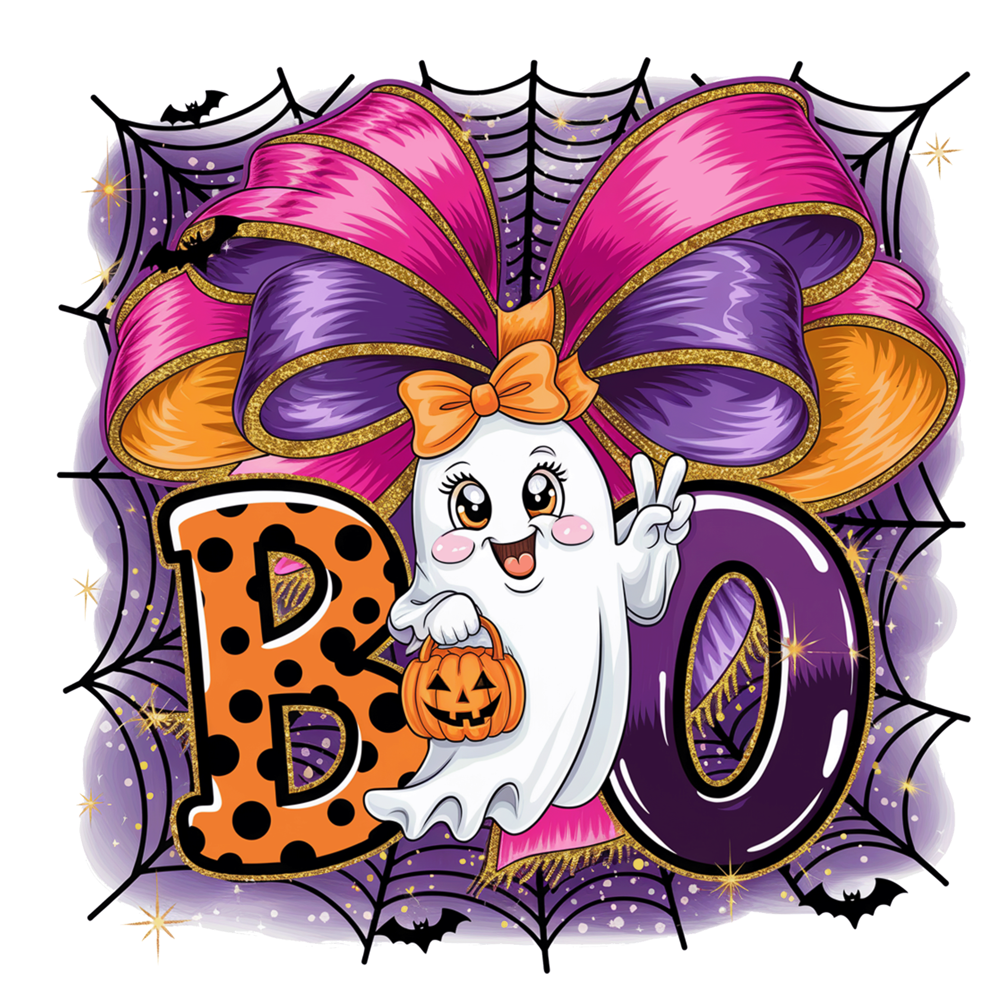 Halloween BOO Ghost with Spider Web and Pink Bow  Direct To Film Print, DTF Print, Ready To Press Print For T-Shirts