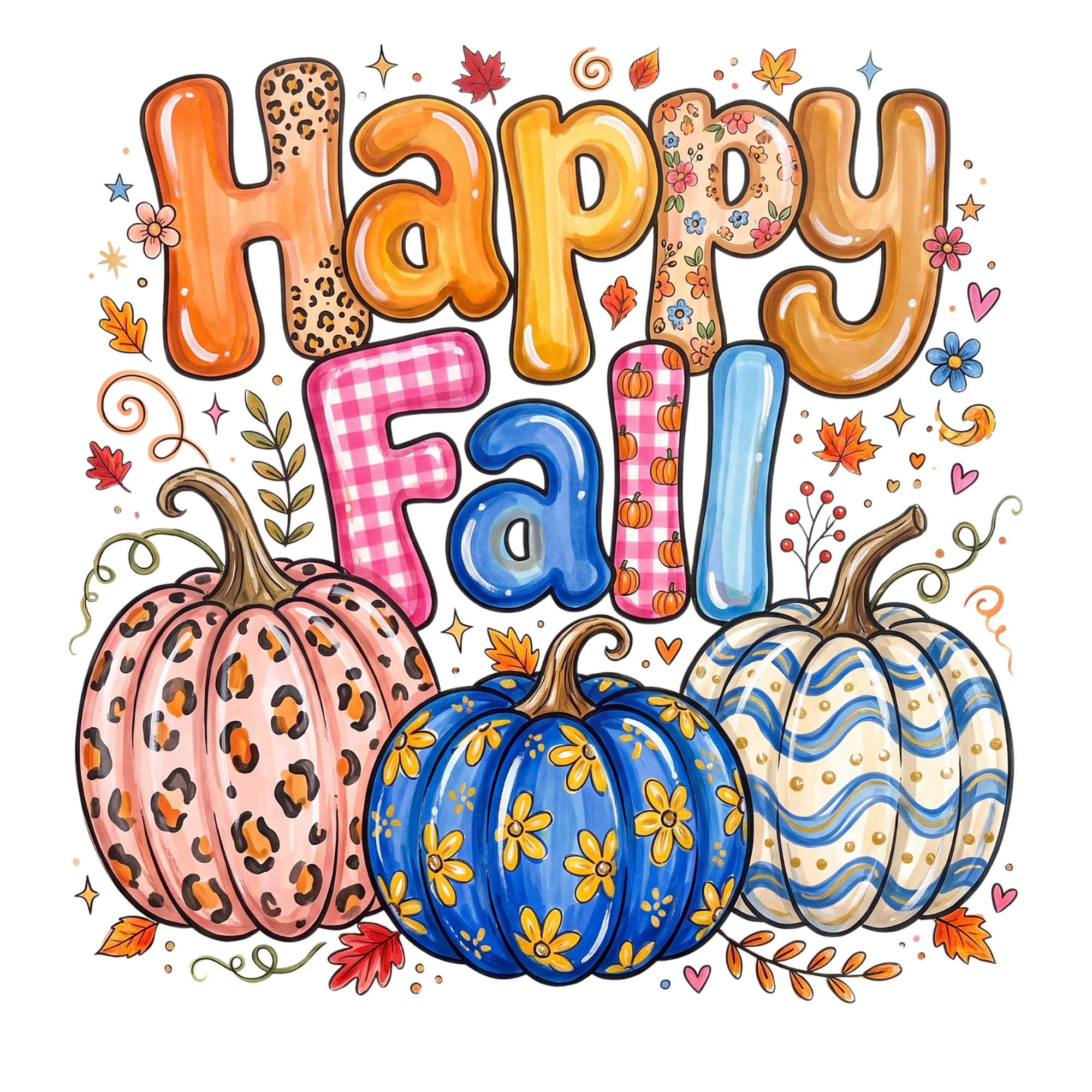 Happy Fall Colorful Pumpkins  Direct To Film Print, DTF Print, Ready To Press Print For T-Shirts