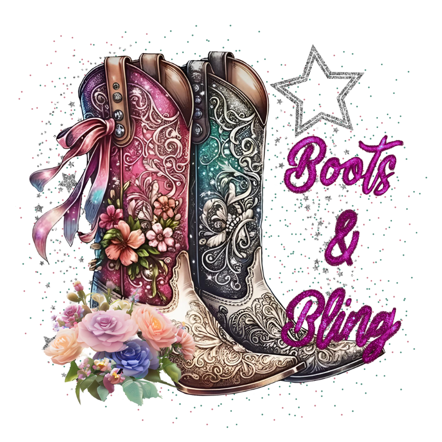Boots and Bling Cowgirl Direct To Film Print, DTF Print, Ready To Press Print For T-Shirts