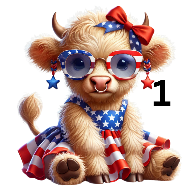 Patriotic Baby Highland Cows Direct To Film Print, DTF Print, Ready To Press Print For T-Shirts