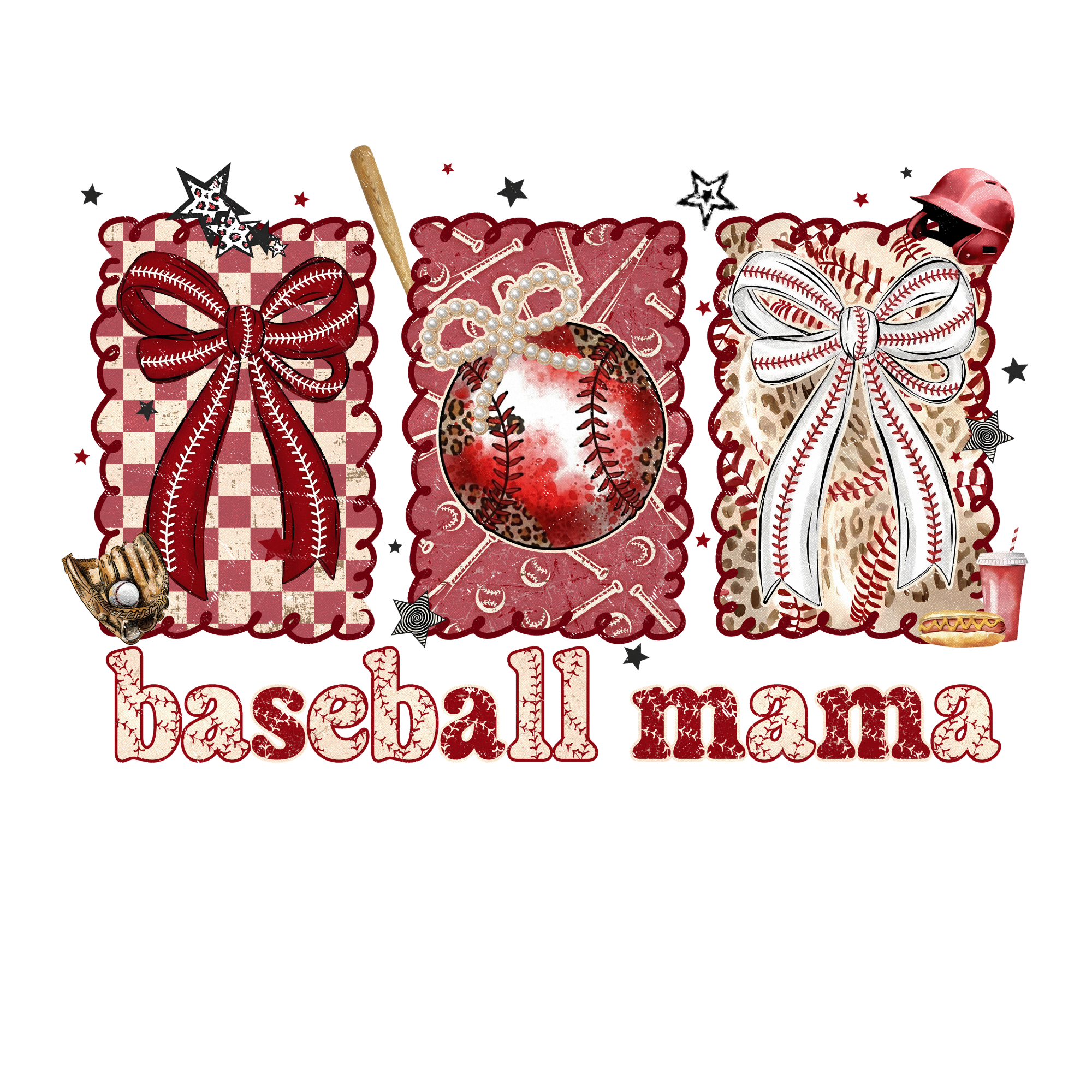 Baseball Mama card with red ball and bows DTF Print