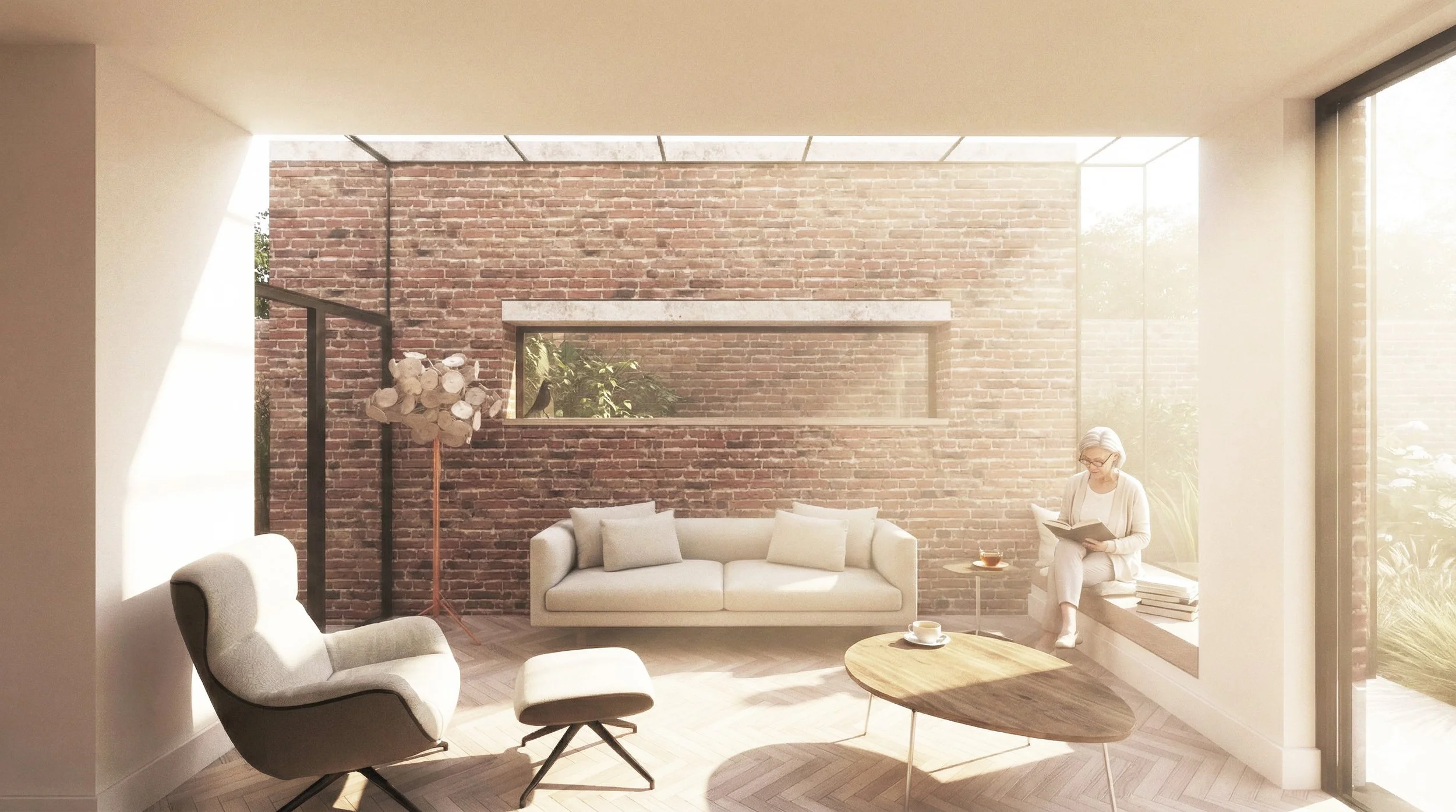 Unity Architects — A modern living room extension in the Leamington Spa conservation area with an exposed brick wall, structural glass roof and oriel window, designed by