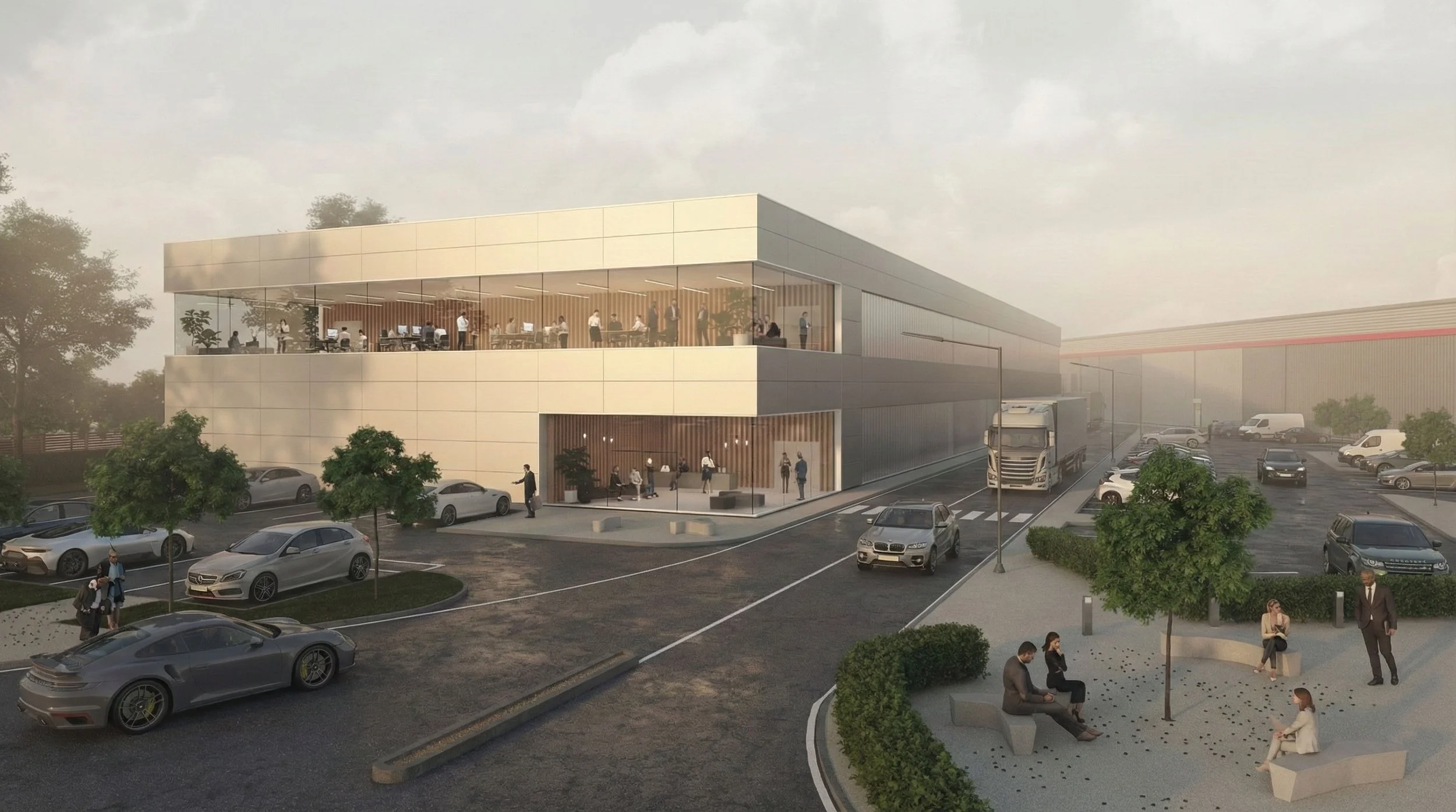 Unity Architects — Modern commercial architectural design featuring slim-frame glass for an industrial office building in Tipton, West Midlands.