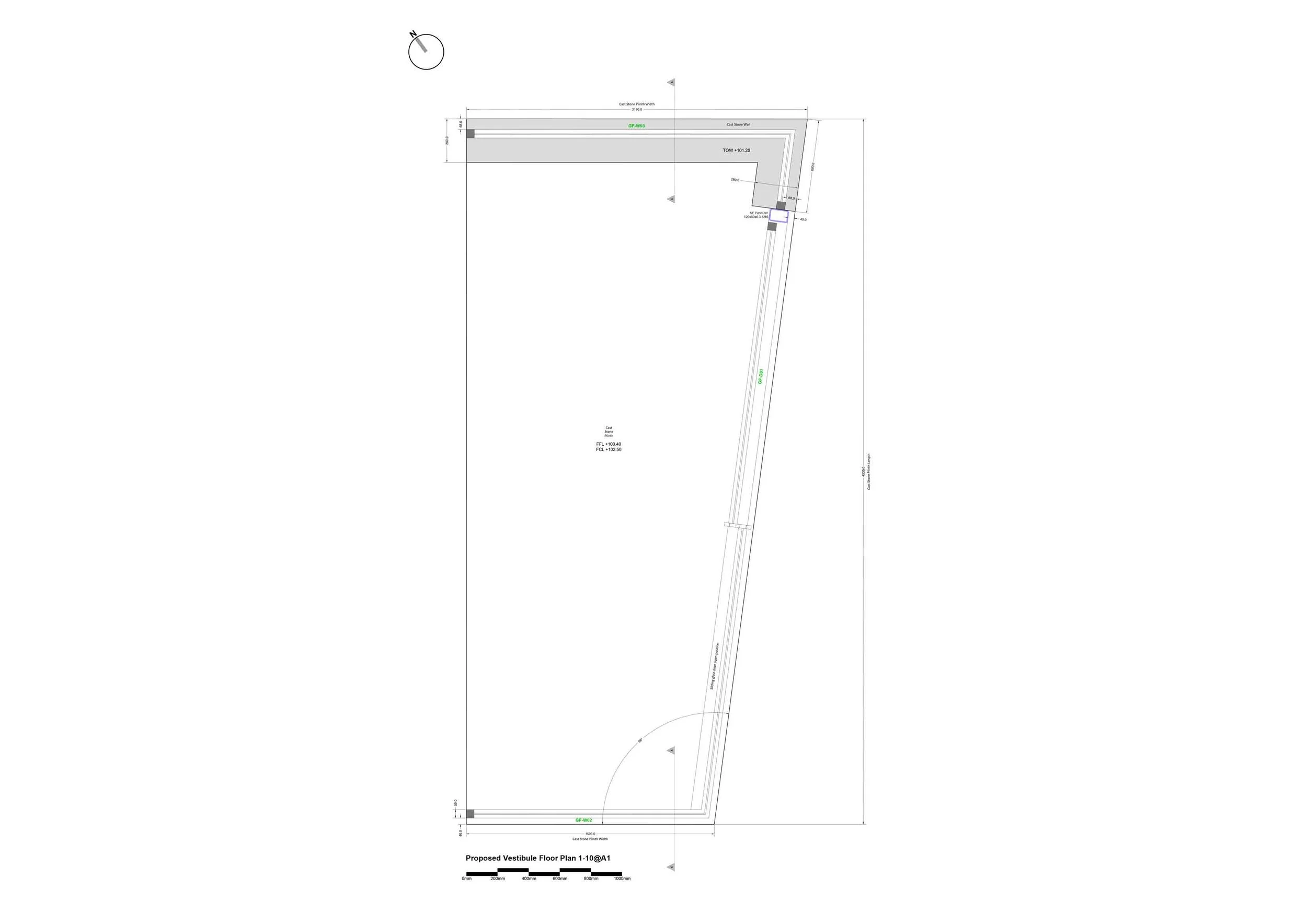 Technical architectural plan drawing of a proposed vestibule by Unity Architects in Leamington Spa, showing the proposed glass arrangement by IQ Glass, including position of the cast-stone plinth and dwarf wall.