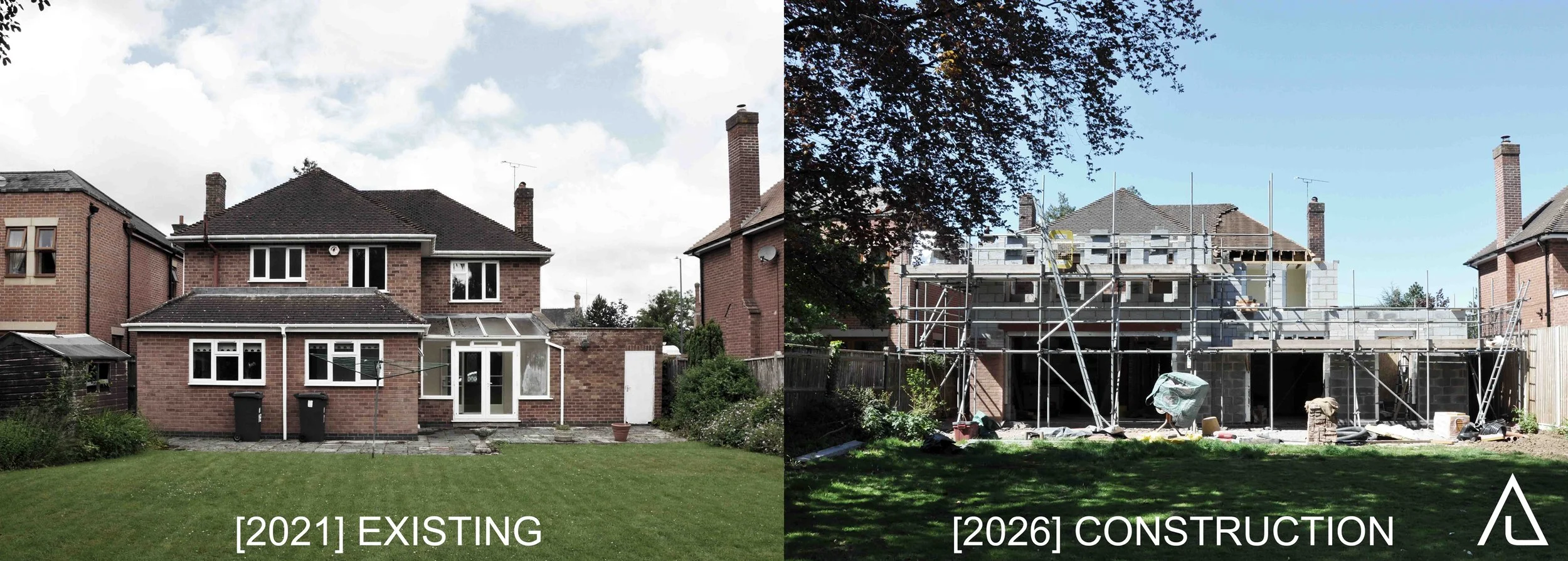 Construction photograph of two storey rear extension with scaffolding blockwork stone detail and Georgian proportions by Unity Architects Leamington Spa