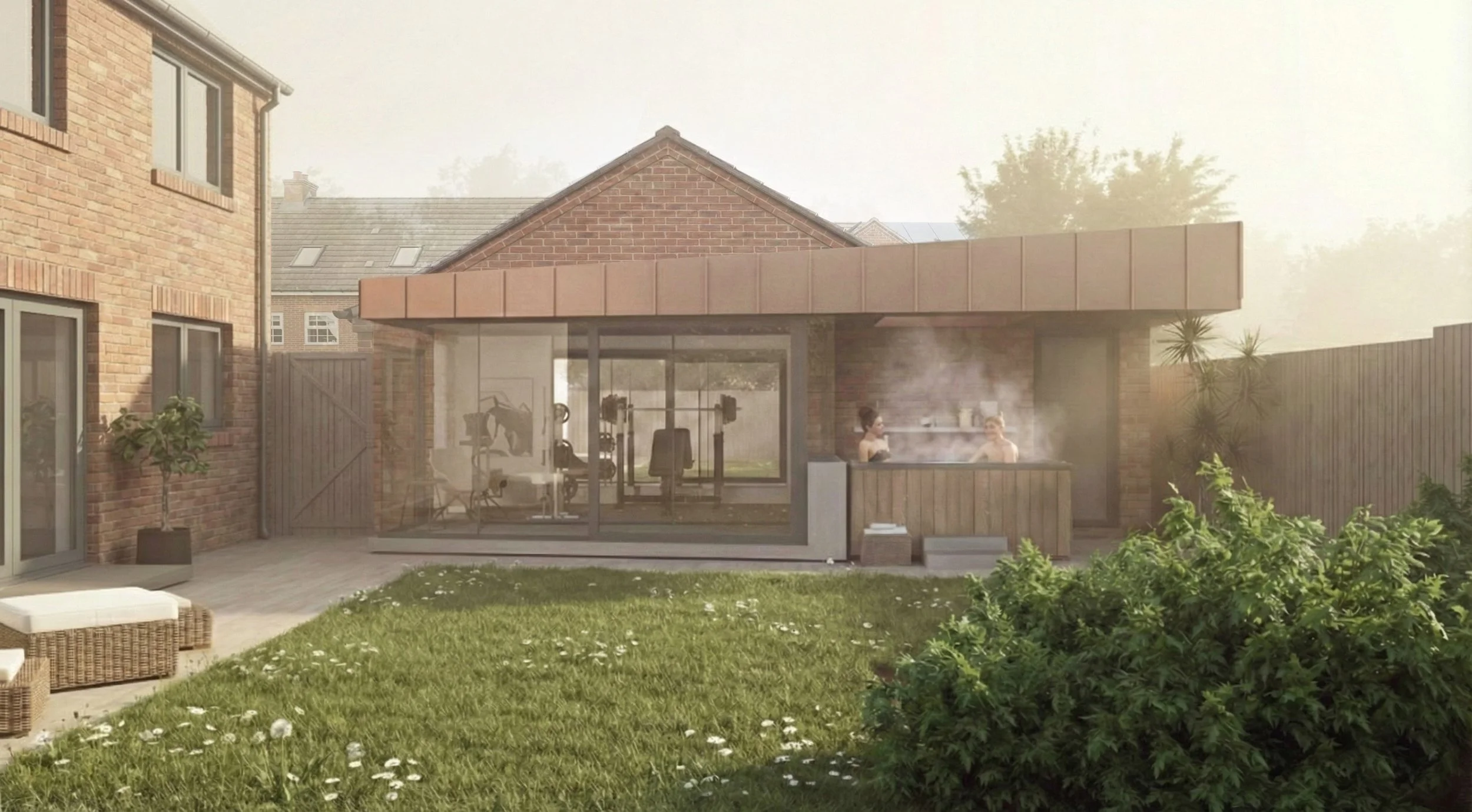 Visualisation of a garage extension comprising a vestibule with cast stone plinth, minimal frame glazing and cantilevered metal roof.