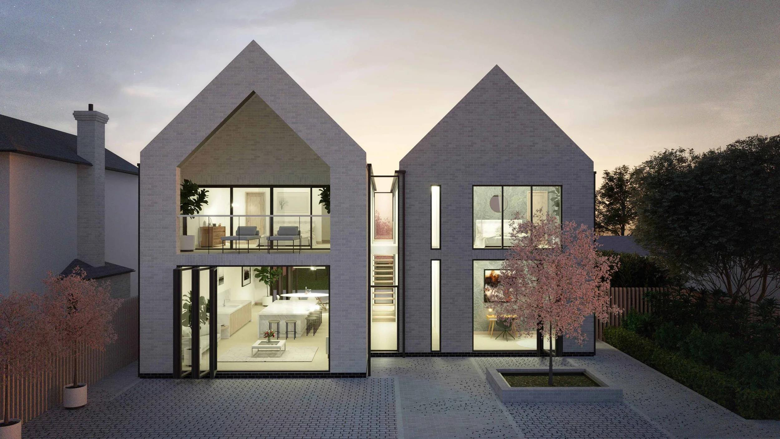 Unity Architects — High-end prime residential new-build house with twin-gables and glass atrium by luxury residential architects in Leamington Spa.