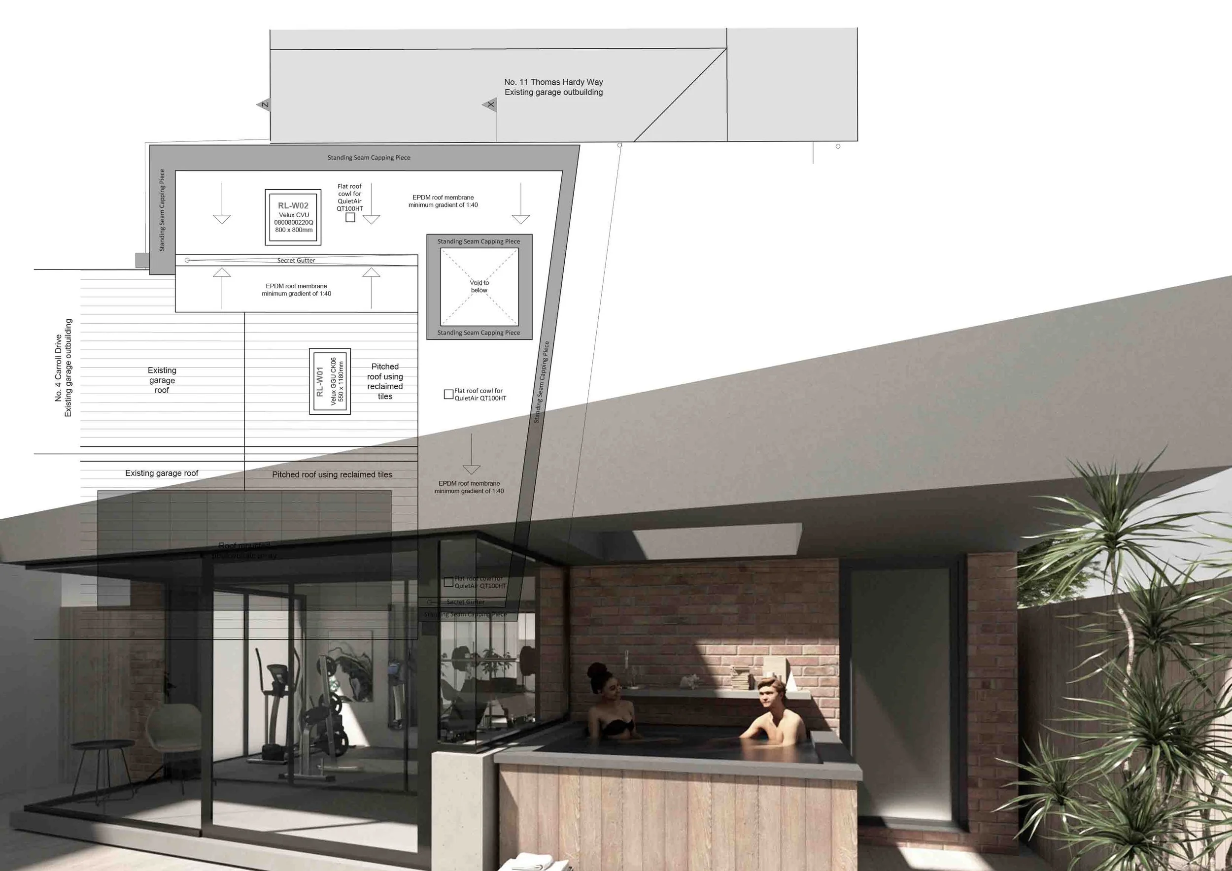 Unity Architects cantilevered roof plan and 3D sketch