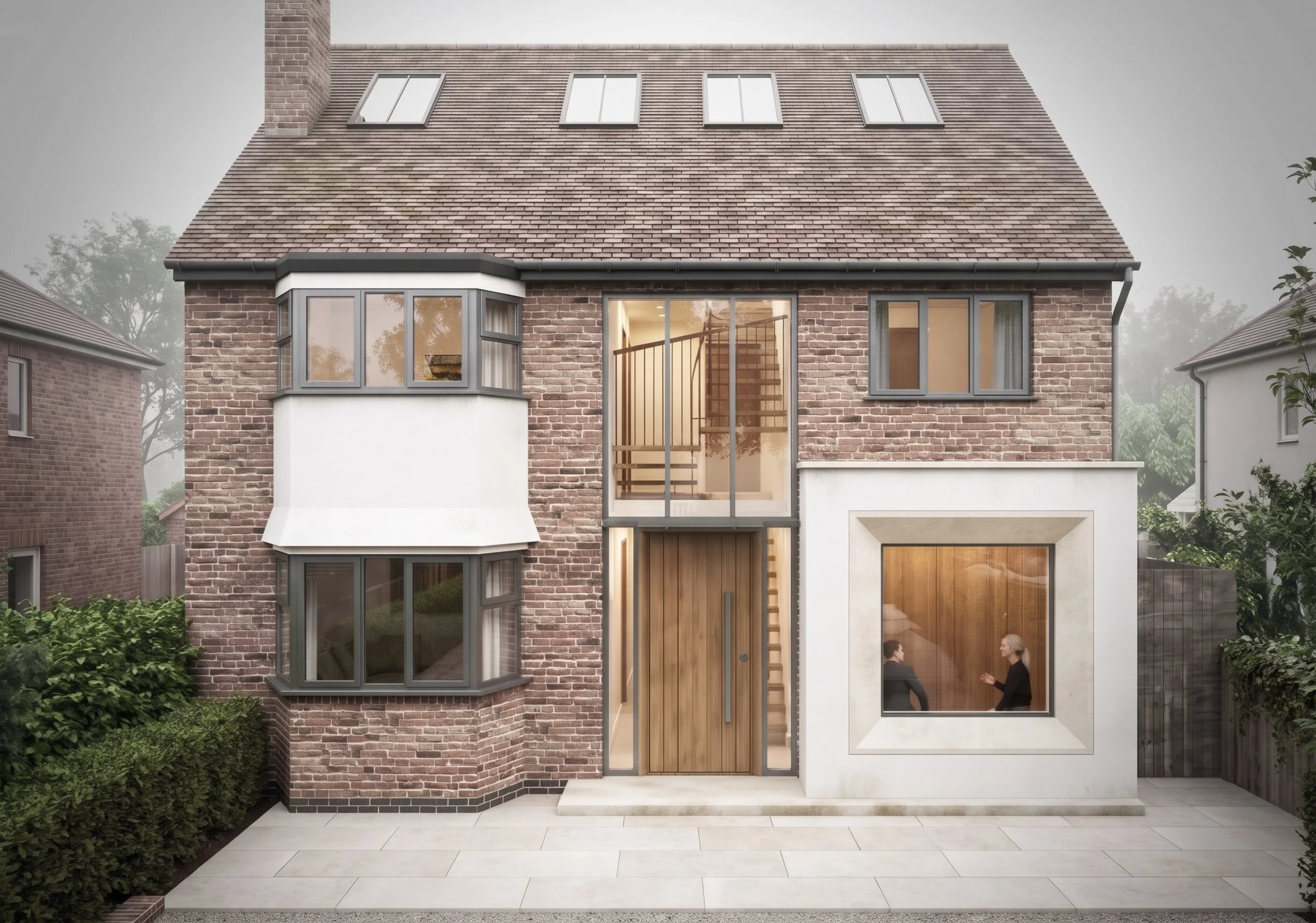 Leamington Spa Conservation Area 30 - New Facade with double-height slim-frame glazing, picture window, brick stone and white render - by Unity Architects