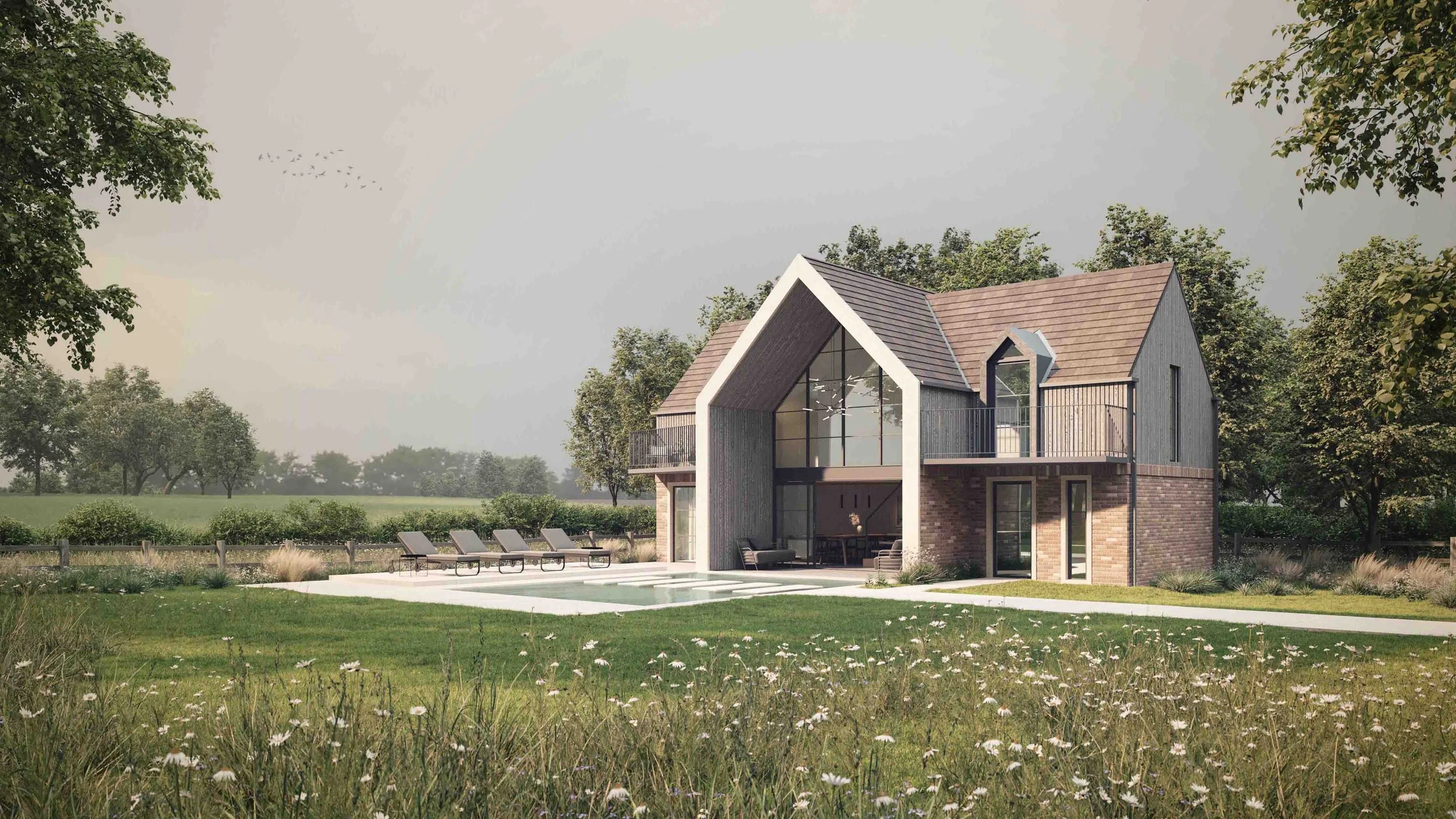 Unity Architects — High-end modern new-build house design with a glass front and outdoor pool by luxury residential architects in Leamington Spa.