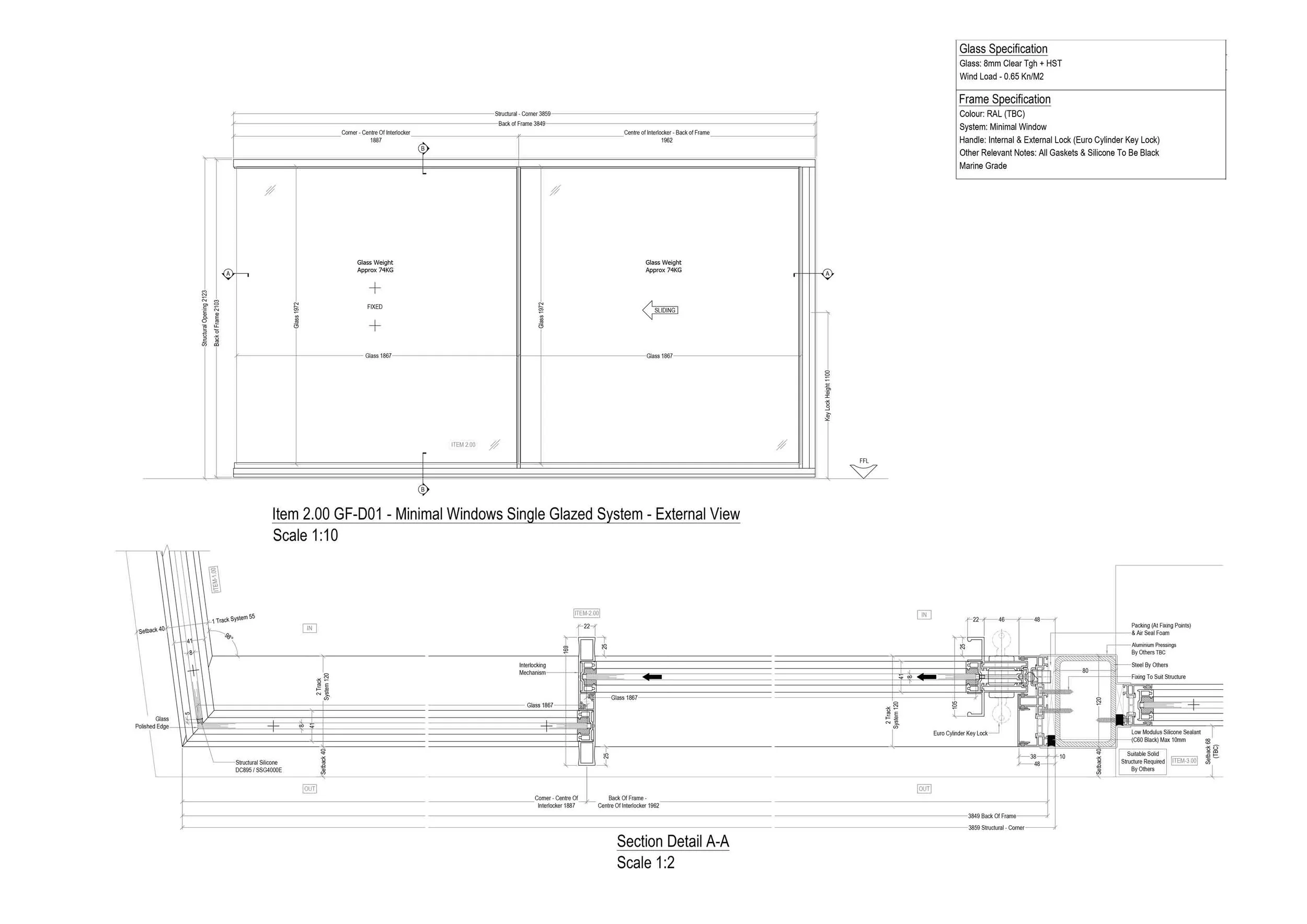 Technical detailed drawing by IQ Glass showing their high-specification Minimal Window single-glazed system in plan and elevation, including connection details with the steel frame and angular glass-to-glass connection details.