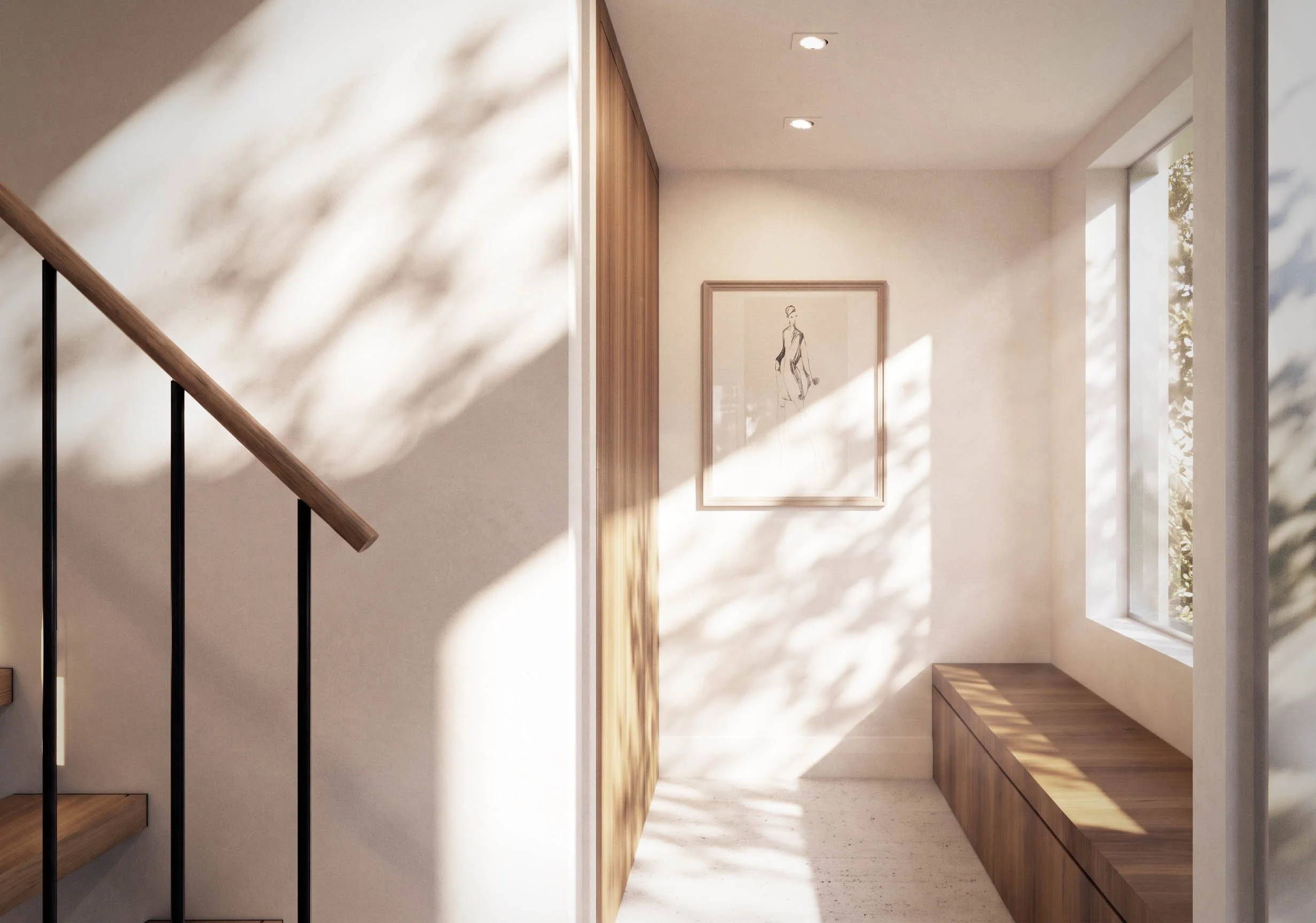 Leamington Spa Conservation Area 30 - Cloakroom with timber storage lockers, bench seat and feature picture window with ultra slim-frame - by Unity Architects
